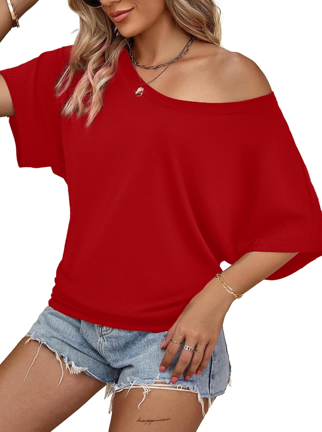 Hilinker Womens Sexy Off The Shoulder Tops Short Batwing Sleeve T Shirt Oversized Casual Tee - Image 5