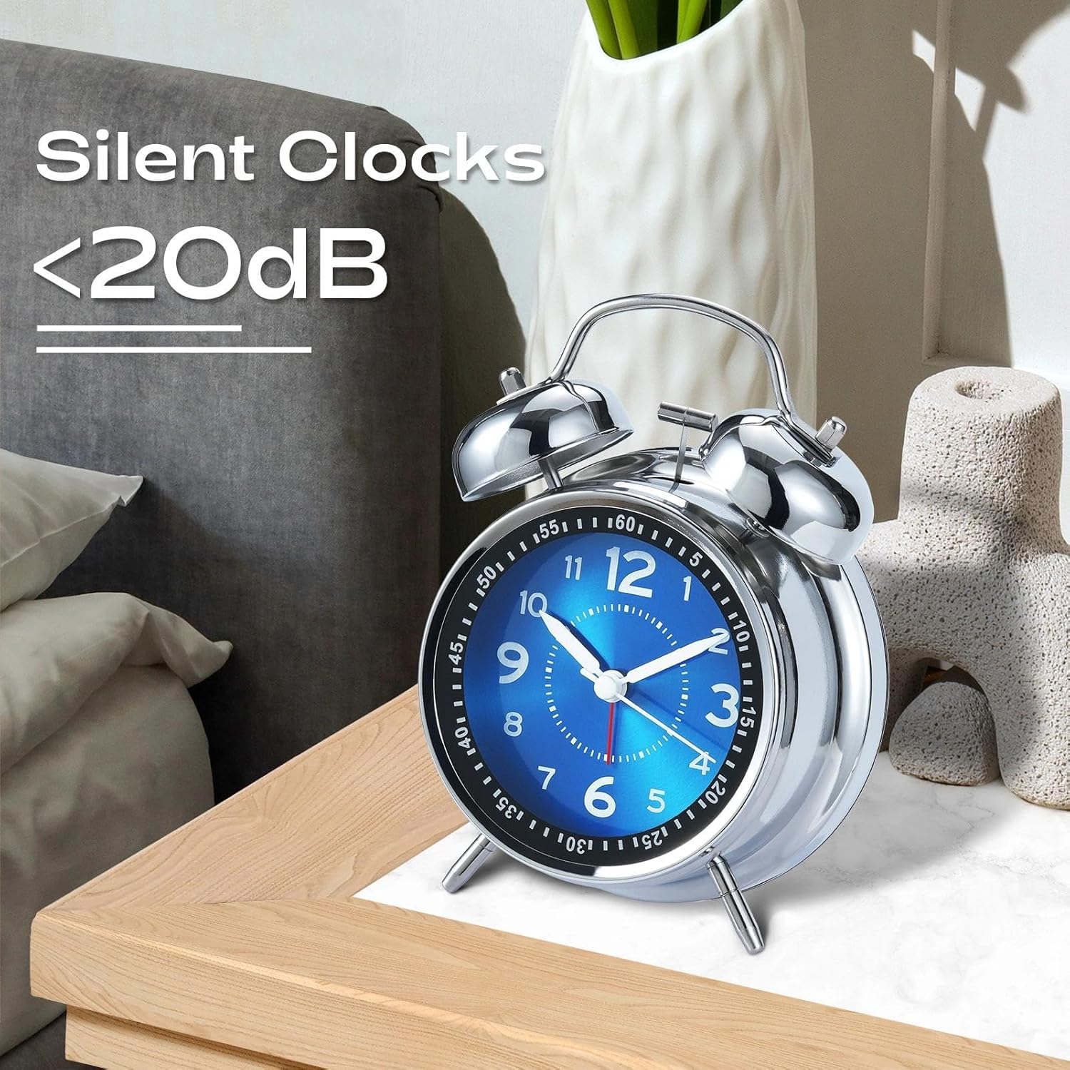 AKCISOT Loud Alarm Clock for Heavy Deep Sleepers, 4.5 Inches Analog Metal Twin Bell Clocks Battery Operated with Backlight for Bedroom Beside, Old Fashioned for Home Desk Decoration(Blue)