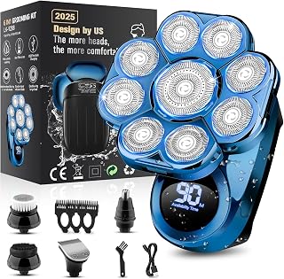 Handsomemen 9D Electric Head Shaver for Bald Men, Upgraded 6-in-1 Grooming Kit, Waterproof Wet/Dry, Rechargeable, Blue Price In India