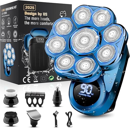 Handsomemen 9D Electric Head Shaver for Bald Men, Upgraded 6-in-1 Grooming Kit, Waterproof Wet/Dry, Rechargeable, Blue