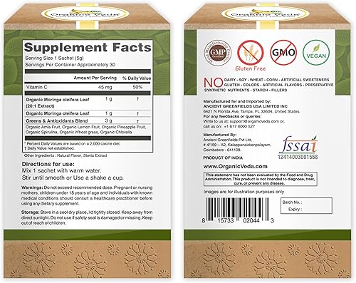 Miniatura 2 de Organic Veda Moringa Powder Super Greens - 20 X Extracto concentrado de hoja de moringa con amla, pasto de trigo, espirulina, clorofila para té,