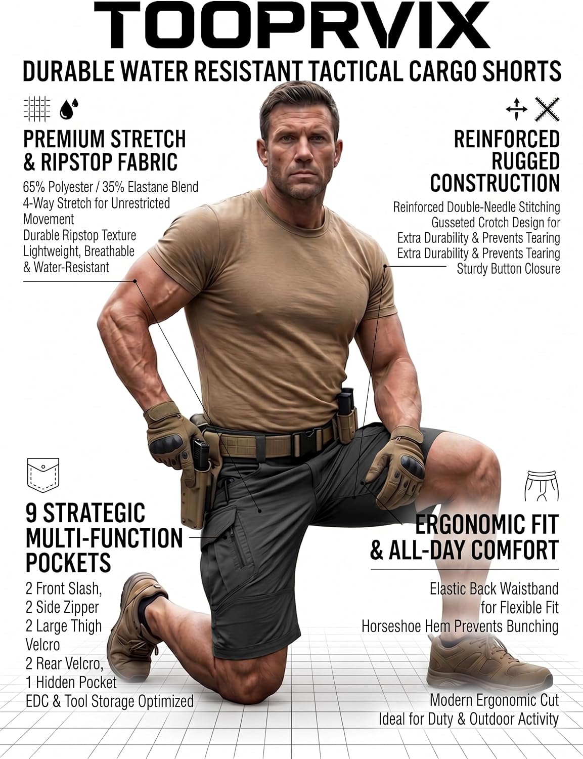 Men's Tactical Cargo Shorts Lightweight Stretch Ripstop Hiking Work Shorts with 9 Pockets Waterproof Casual Shorts (No Belt)