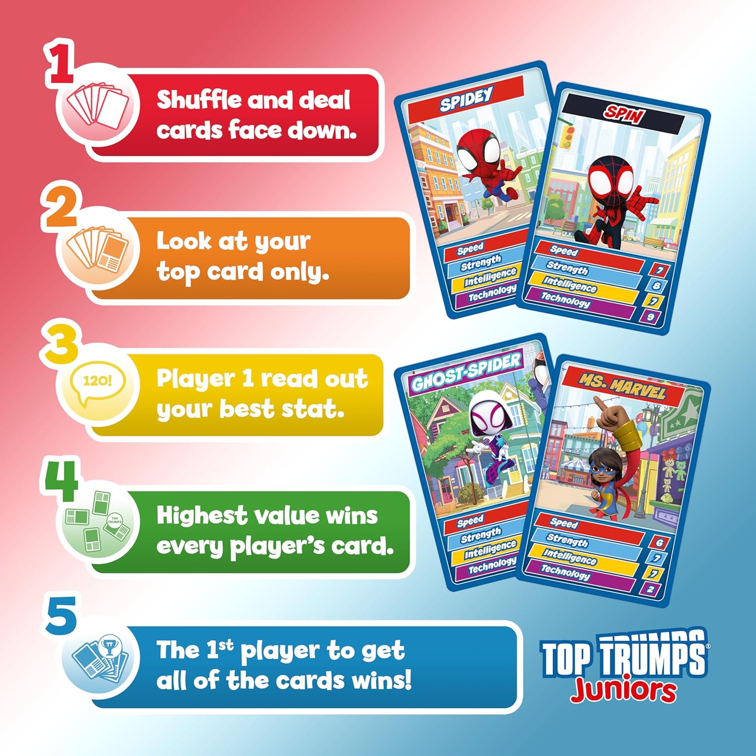 Top Trumps Spidey & Friends Junior 5-in-1 Card Game for Kids Ages 3+, 2+ Players, Portable Travel Game, Memory, Strategy, Trivia, Educational, Multicolor, Unisex, Standard Edition