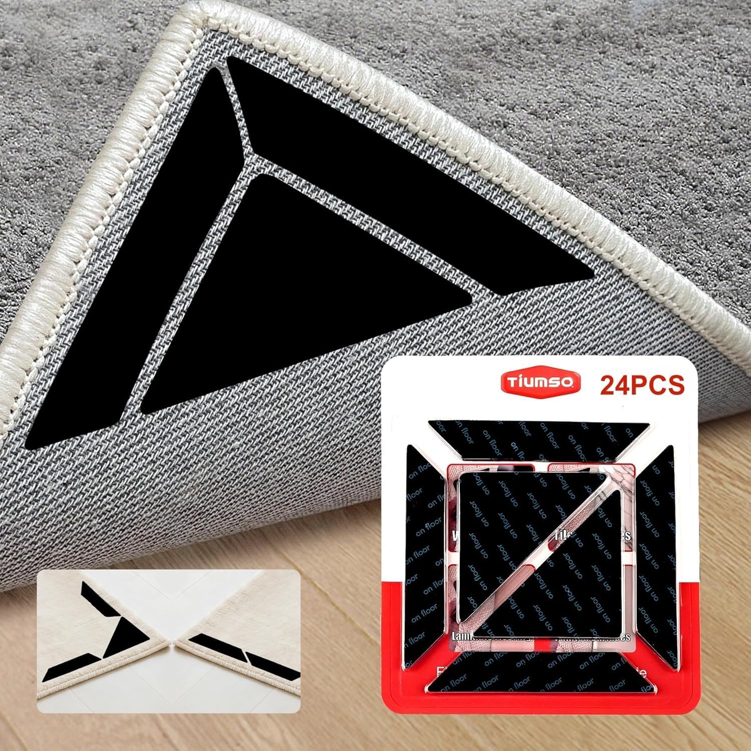 Tiumso 24Pcs Rug Gripper Pads, Non-Slip Corner Carpet Tape for Extra-Large Area Rugs, Double Sided Rug Pads Grippers for Hardwood Floors and Tiles, Prevent Curling and Bunching, Black