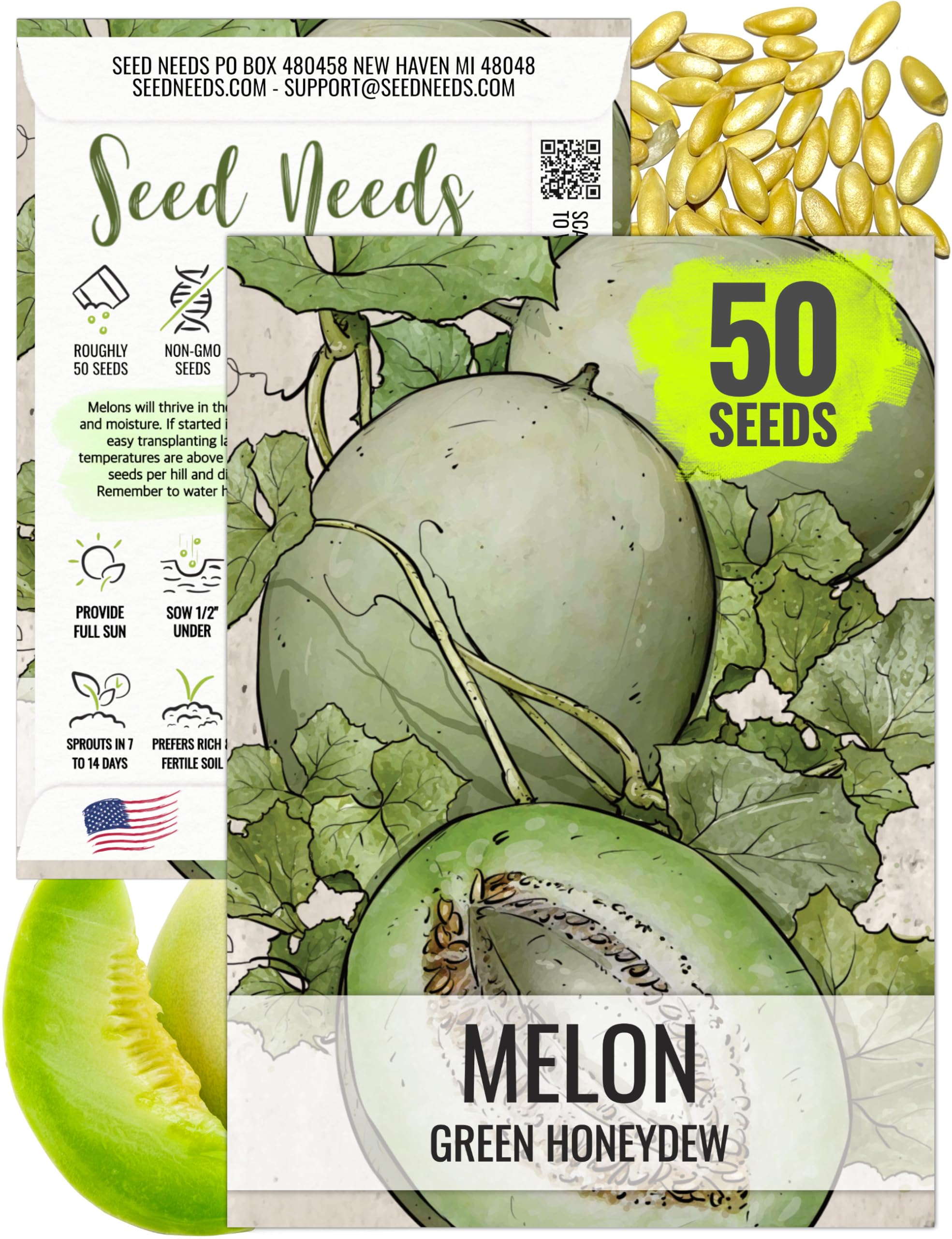 Seed Needs Melon Seeds for Planting Green Honeydew Melons - Non-GMO Heirloom & Untreated Fruit Seed to Plant a Home Grown Outdoor Garden (1 Pack)