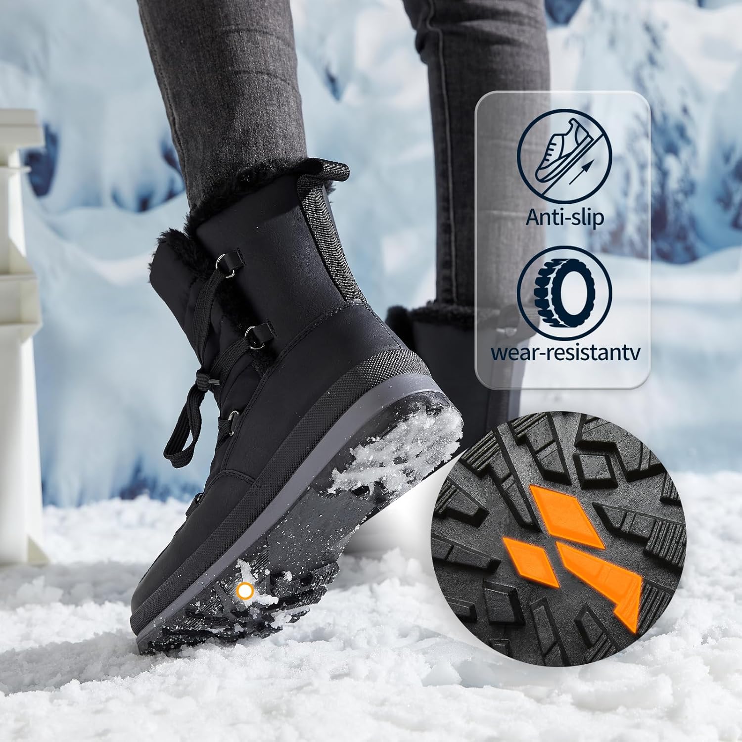 Rominz Women's Winter Snow Boots - Waterproof Black Fur Lined Warm Mid Calf Non-Slip Ankle Boots - White Lace-Up Platform - Image 6