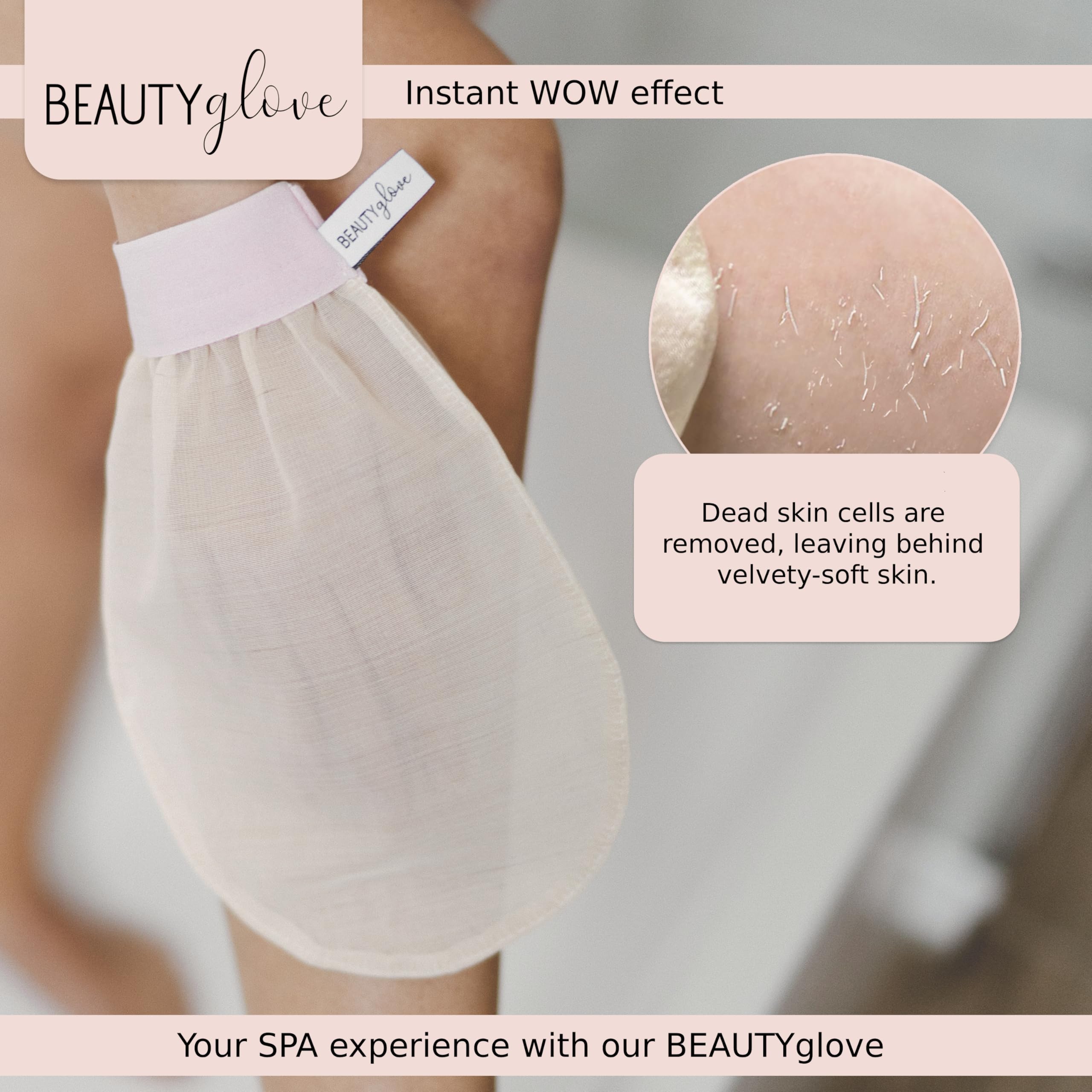 sanfter Peelinghandschuh aus 100% natürlicher türkischer Seide. Sanftes Körperpeeling mit WOW-SHINE Effekt für jugendlich-zarte Haut mit dem Peelinghandschuh
