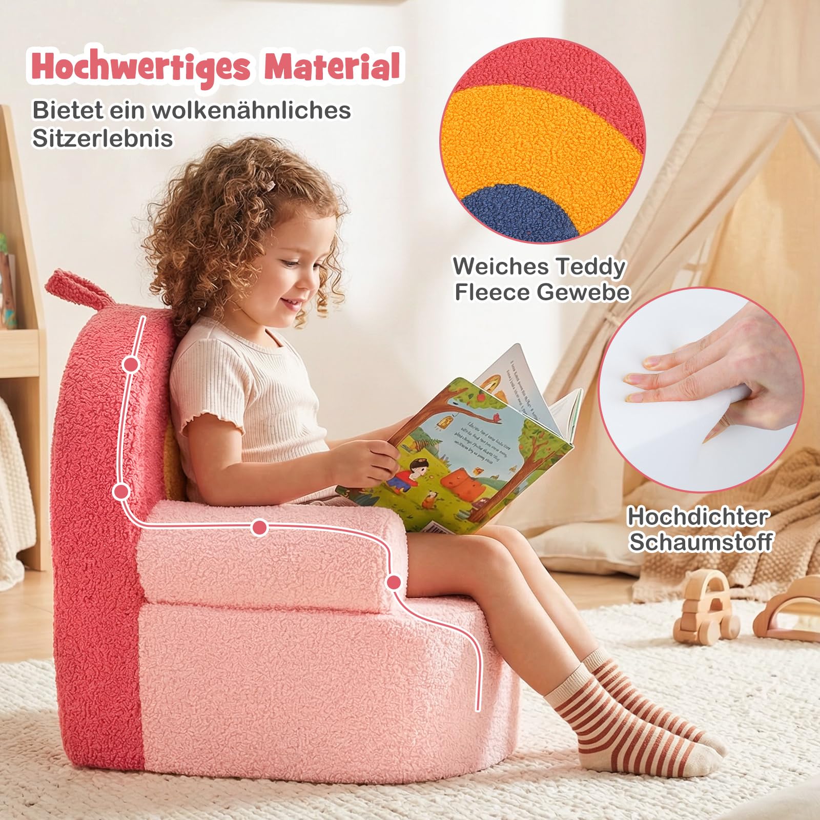 COSTWAY Kindersofa in Regenbogenform, Kindersessel gepolstert aus Schaumstoff & Teddystoff, Kindercouch mit waschbarer Bezug & rutschfeste Unterseite, Spielsofa für Kinder ab 3 Jahren, Rosa