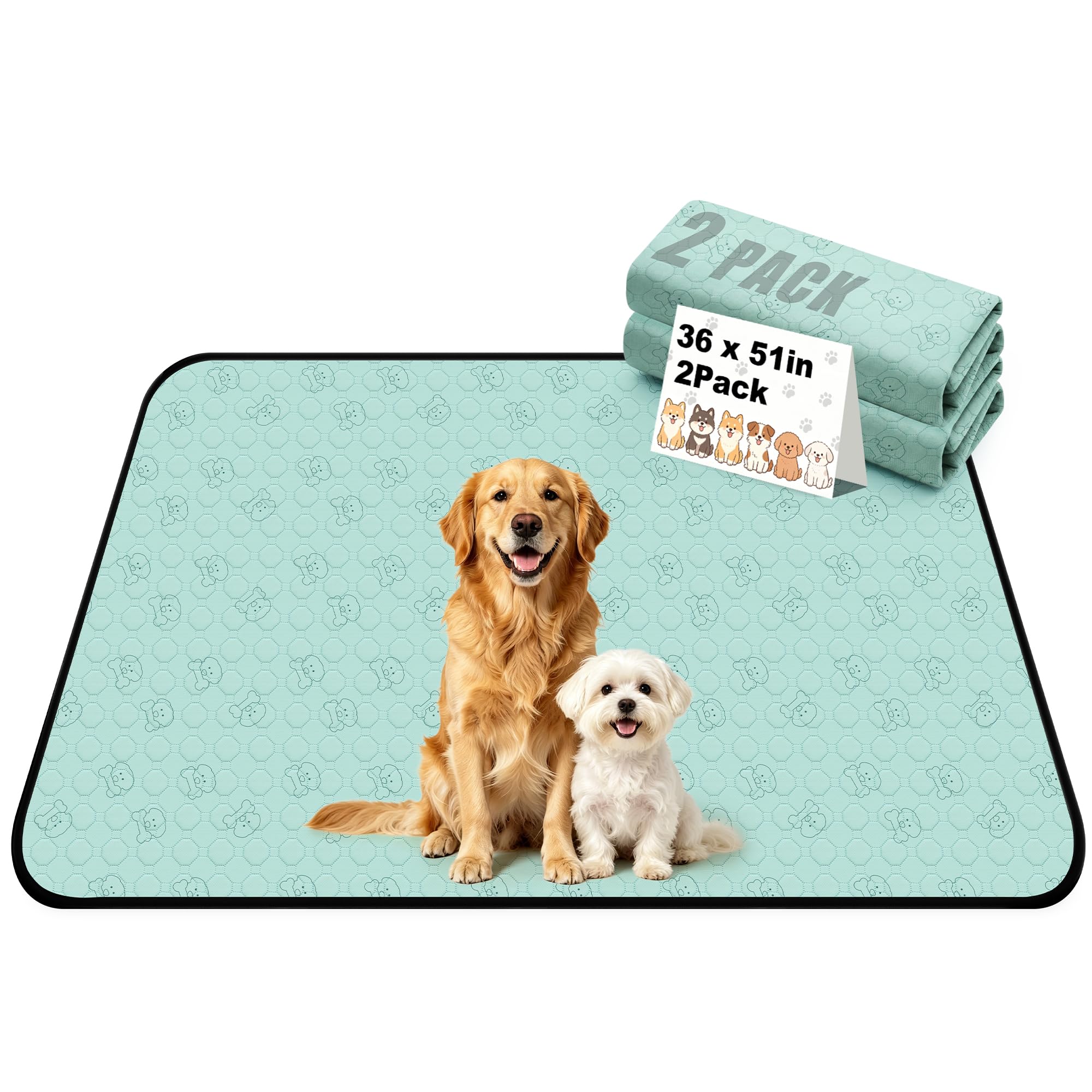 Zlune 2 Pack Washable Pee Pads for Dogs, Reusable Training Puppy pads Absorbency Non-Slip & Leak-Proof for Pet Whelping Box Playpen Crate Sofa Bed Floors (91cm × 129cm ,Green)