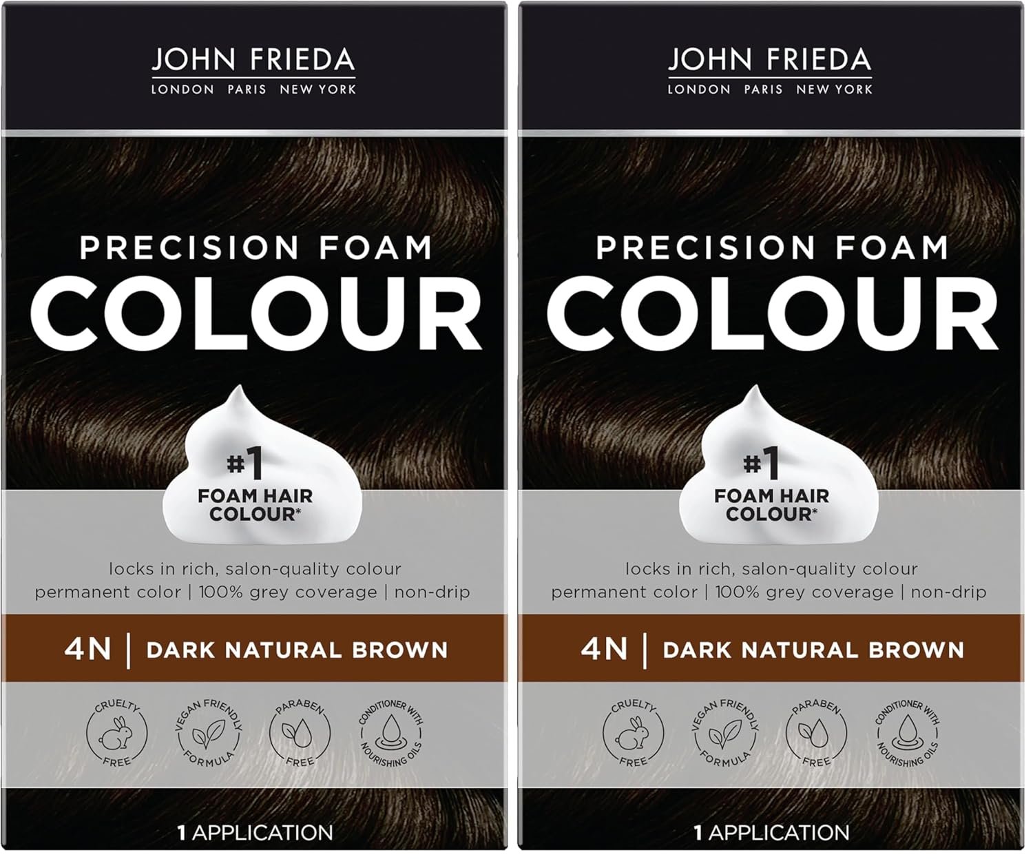 John Frieda Precision Foam Colour, Dark Natural Brown 4N, Full-coverage Hair Color Kit, Anti-Fade Gray Coverage, Deep Color Saturation Hair Dye, 1 Application (Pack of 2)