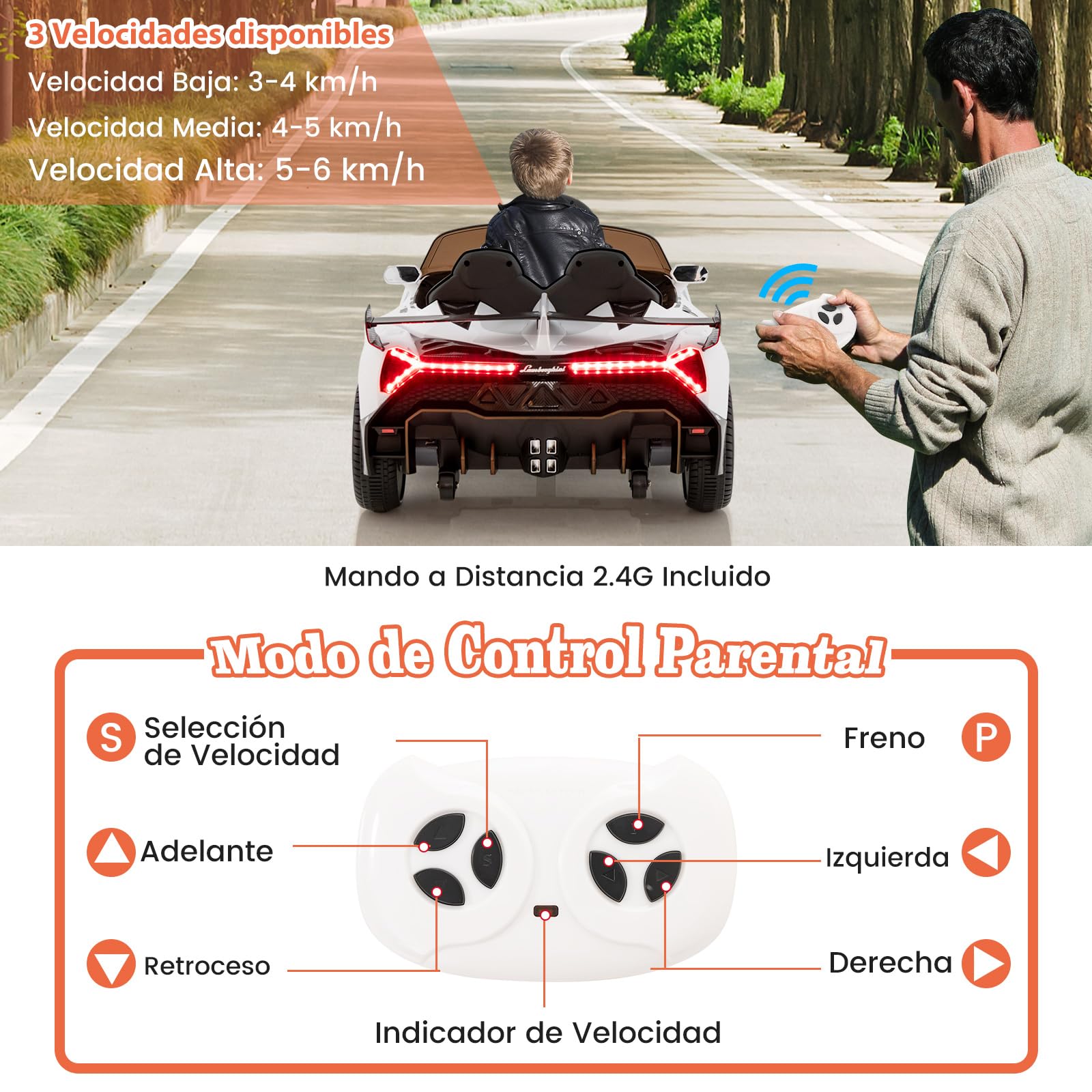 COSTWAY Lamborghini 12V Coche Eléctrico para Niños con Control Remoto 2,4G, 3 Velocidades, Puertas Hidráulicas, Luces LED, Blanco