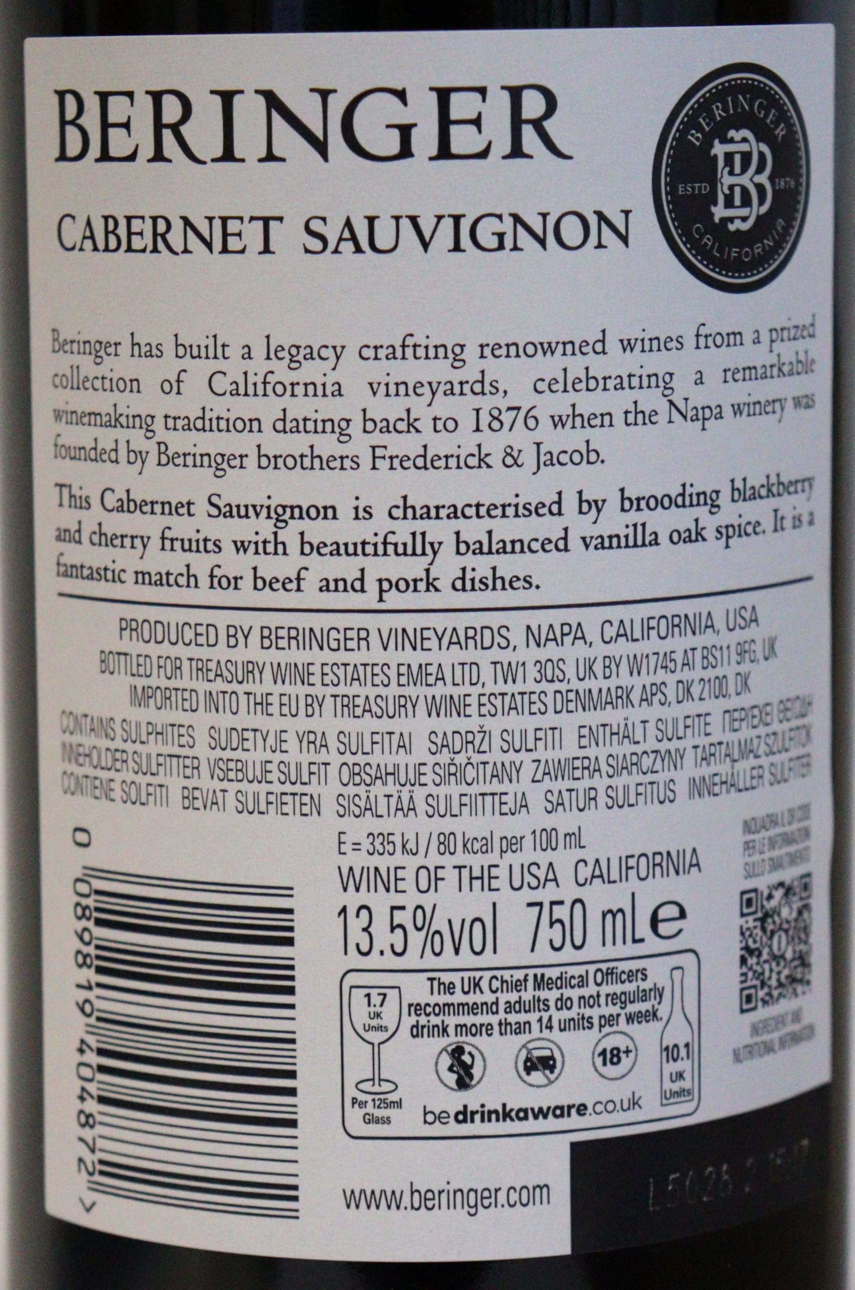 Beringer Classic Cabernet Sauvignon Kalifornien Rotwein trocken (1 x 0.75 l) (Packung mit 6)