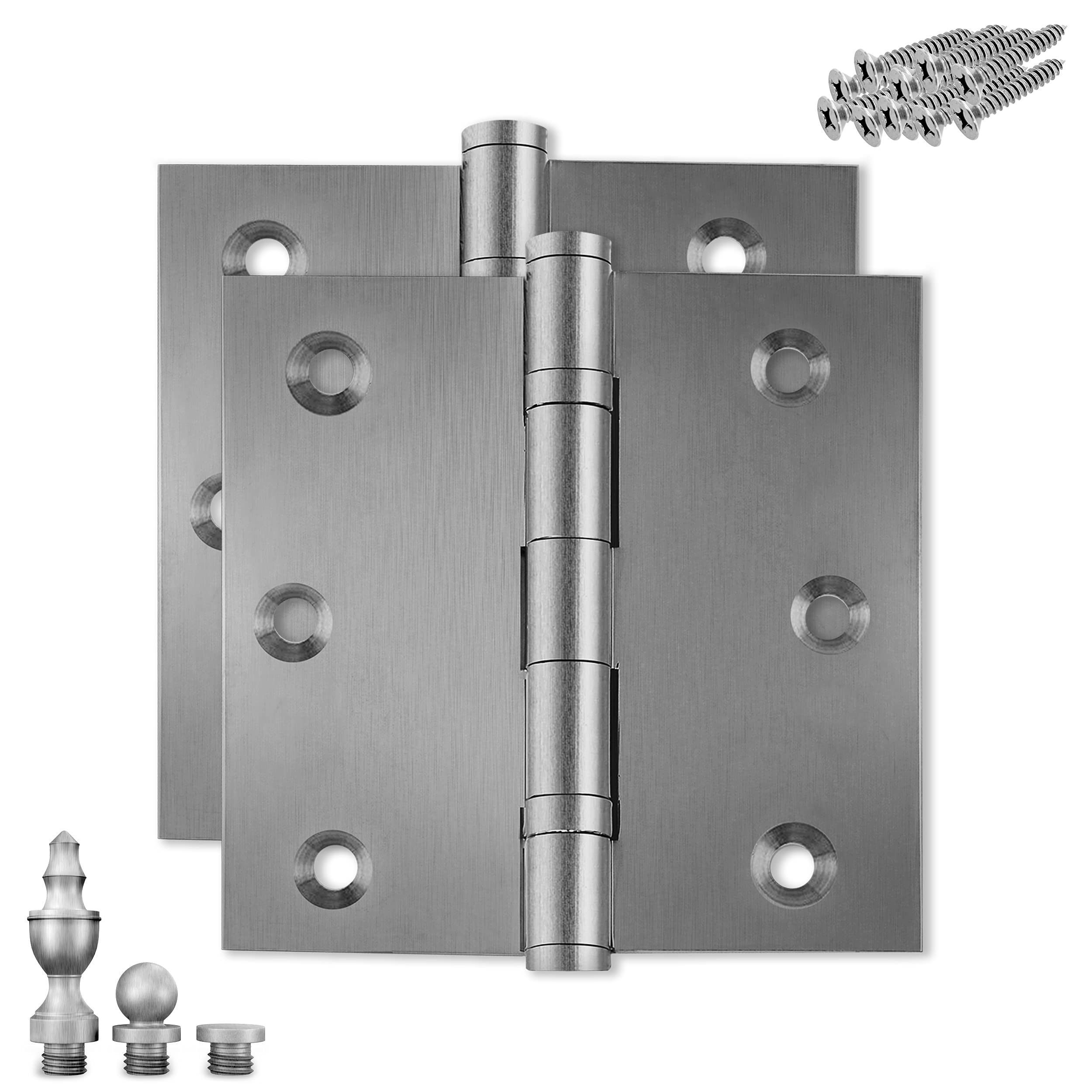 Finsbury Hardware Solid Brass Door Hinge Heavy Duty Ball Bearing Matte Silver 3.5 x 3.5 Inch with Decorative Screw-on Tips Included - Set of 2 Hinges
