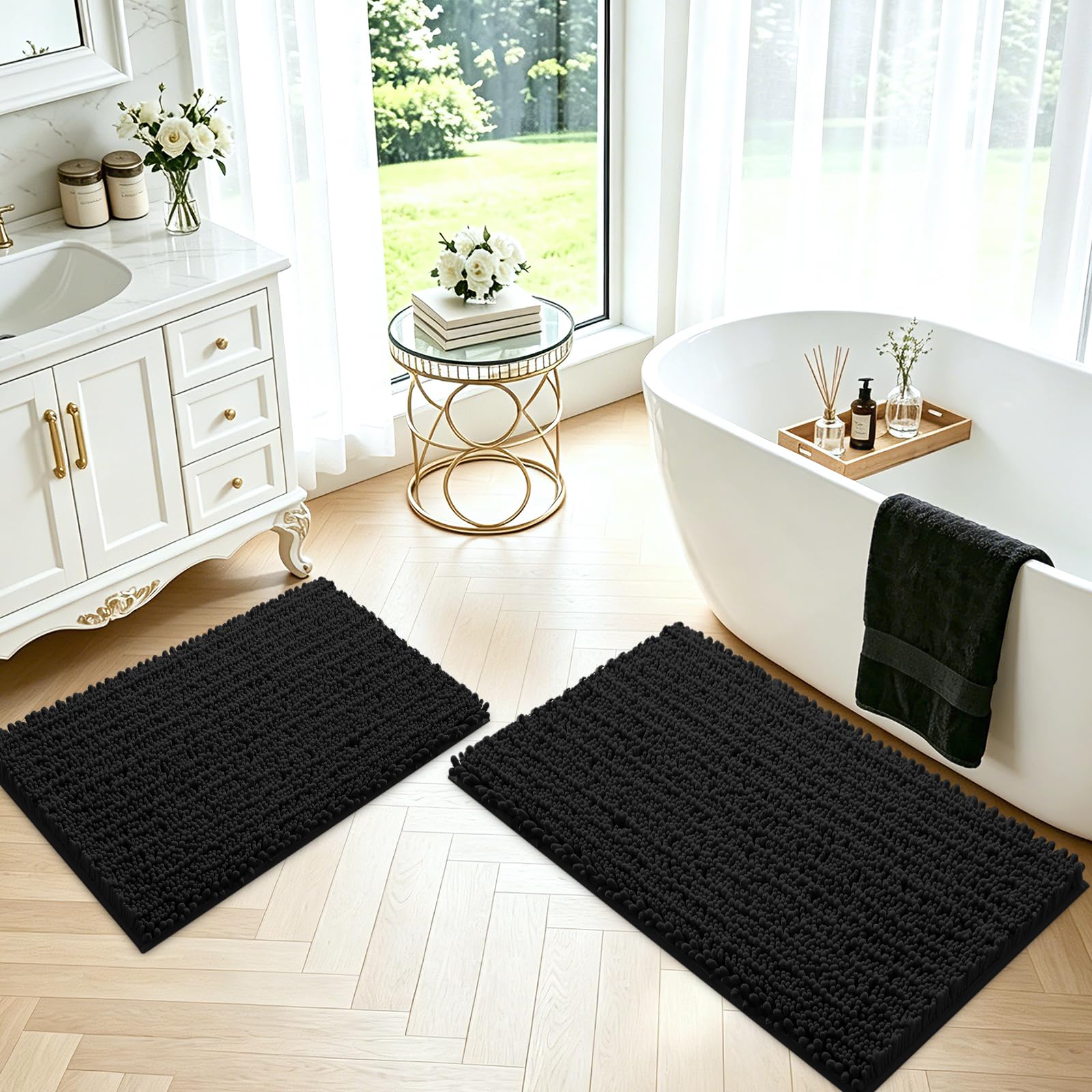 ACCUMTEK Upgrade Luxury 2 Piece Black Toilet Bathroom Rug Mat 32"x20"+24"x17", Ultra Soft Thick Absorbent Bath Mats, Non Slip Chenille Toilet Mat for Bathroom, Bedroom, Kitchen, Shower, Tub