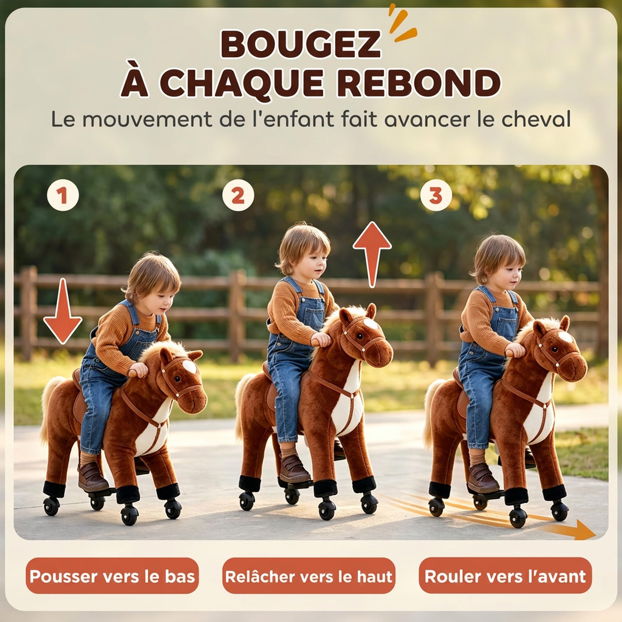 HOMCOM Cheval à Monter pour Enfant Sons Réalistes 24+ Mois 75 cm Marron