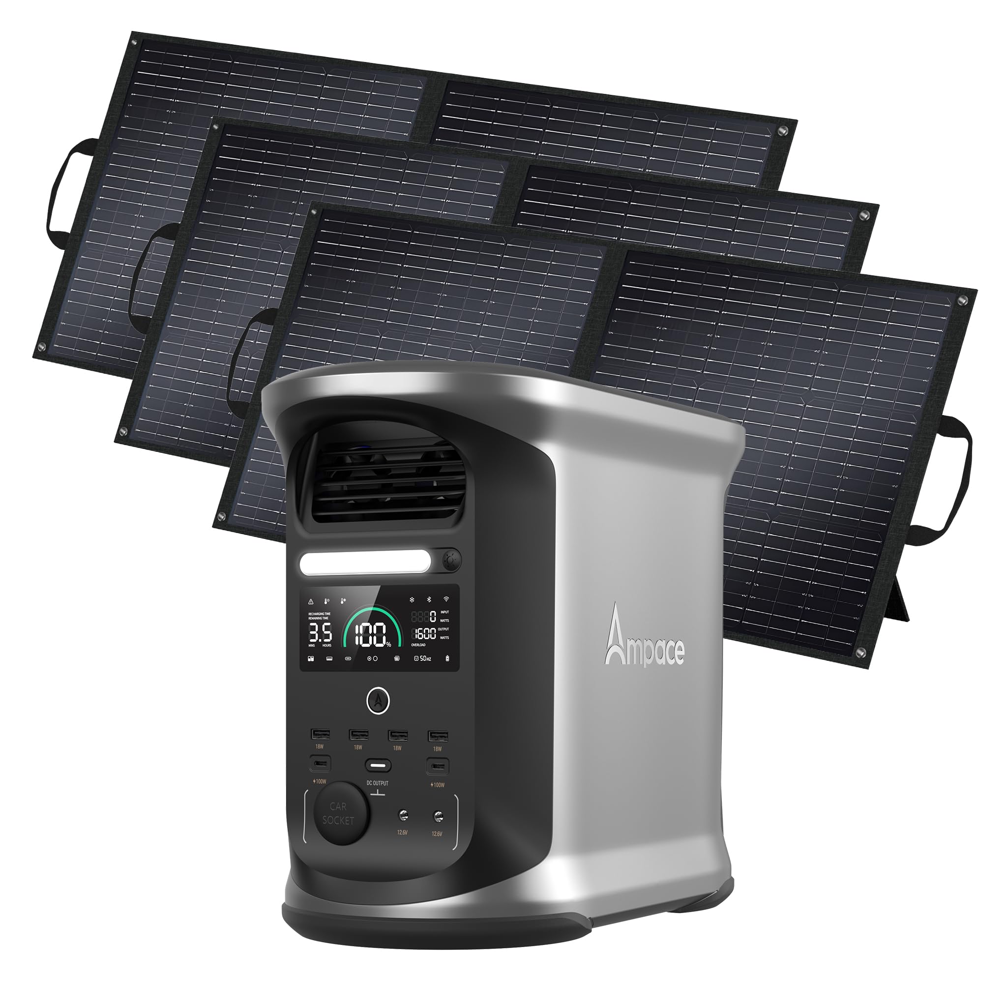 AMPACE Andes 1500 Power Station 2400W Surge 3600W Solar Generator with 3x100W Solar Panels 1462Wh Solar Power Station