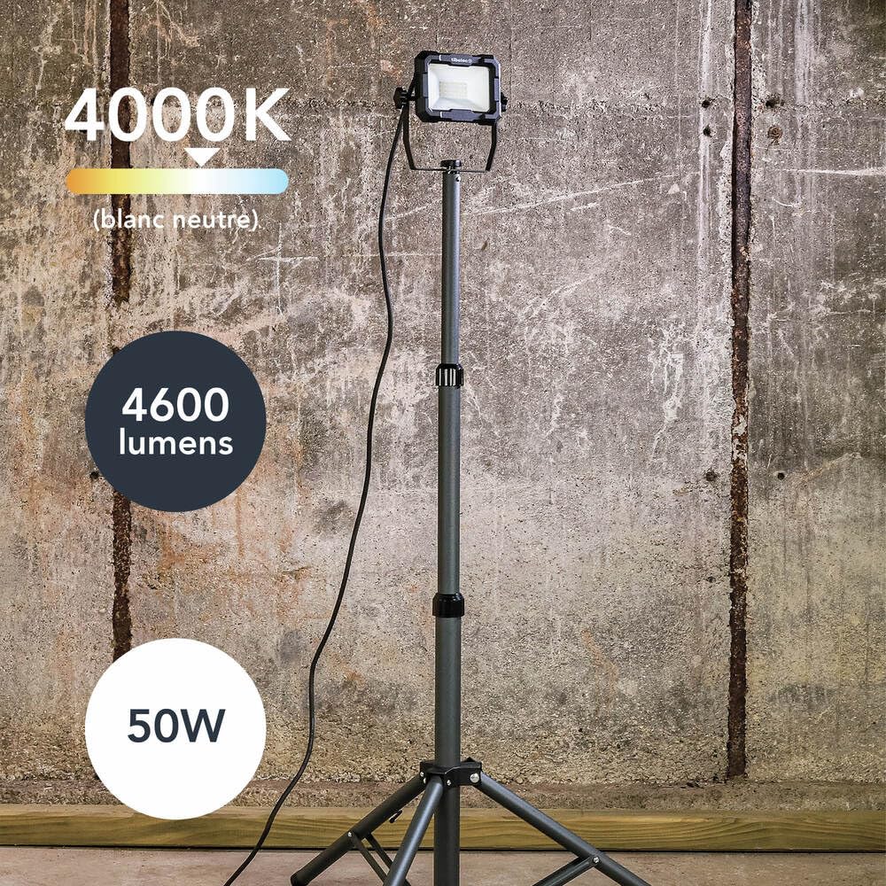 Projecteur LED de chantier filaire sur pied téléscopique 50W, 4600 lumens, IP65, IK07, 4000K, garantie 3 ans - Tibelec