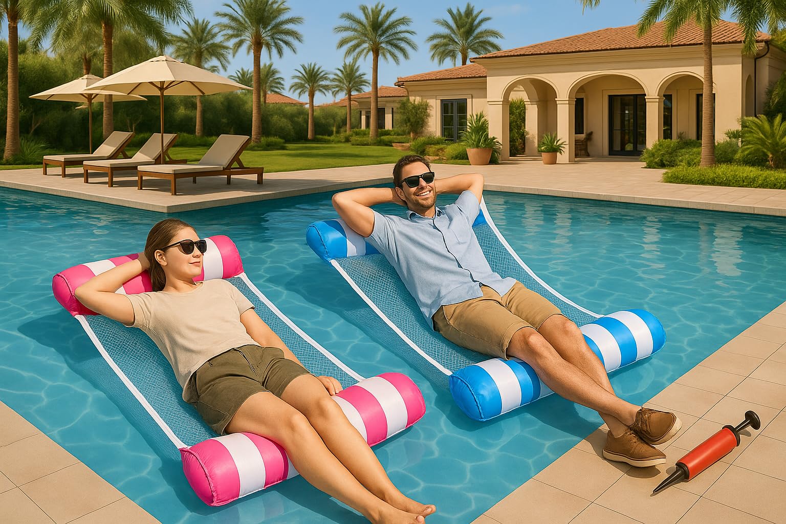2 Pack Pool Hammock Water, Inflatable for Swimming Pools, Relaxing Lounge Floats (Blue, Pink) Includes Manual Air Pump