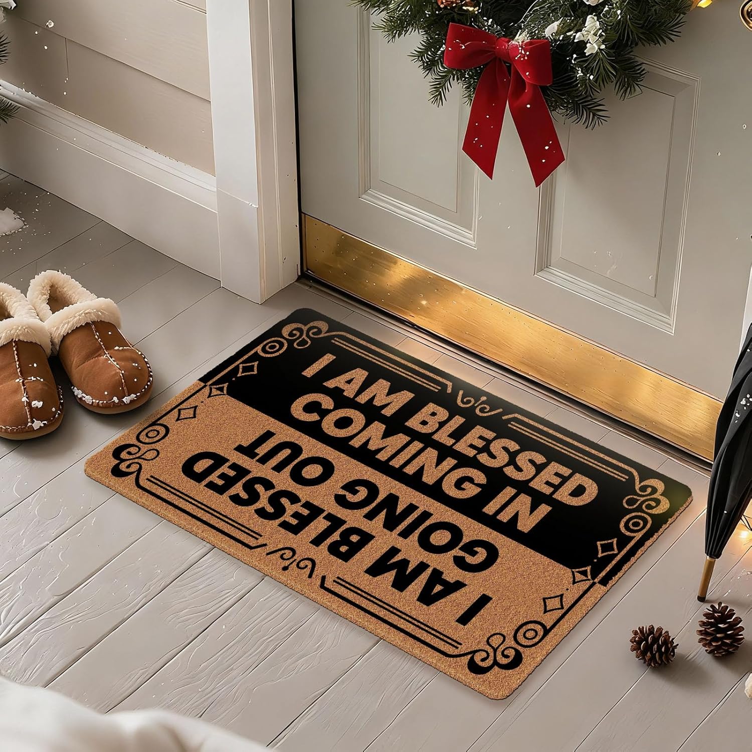 Funny Welcome Door Mat, Blessed Coming in & Going Out Doormat, Fun Greeting Christian Doormats, Durable Non-Slip Indoor & Outdoor Mat for Home, Housewarming Gift, 17x30 Inch