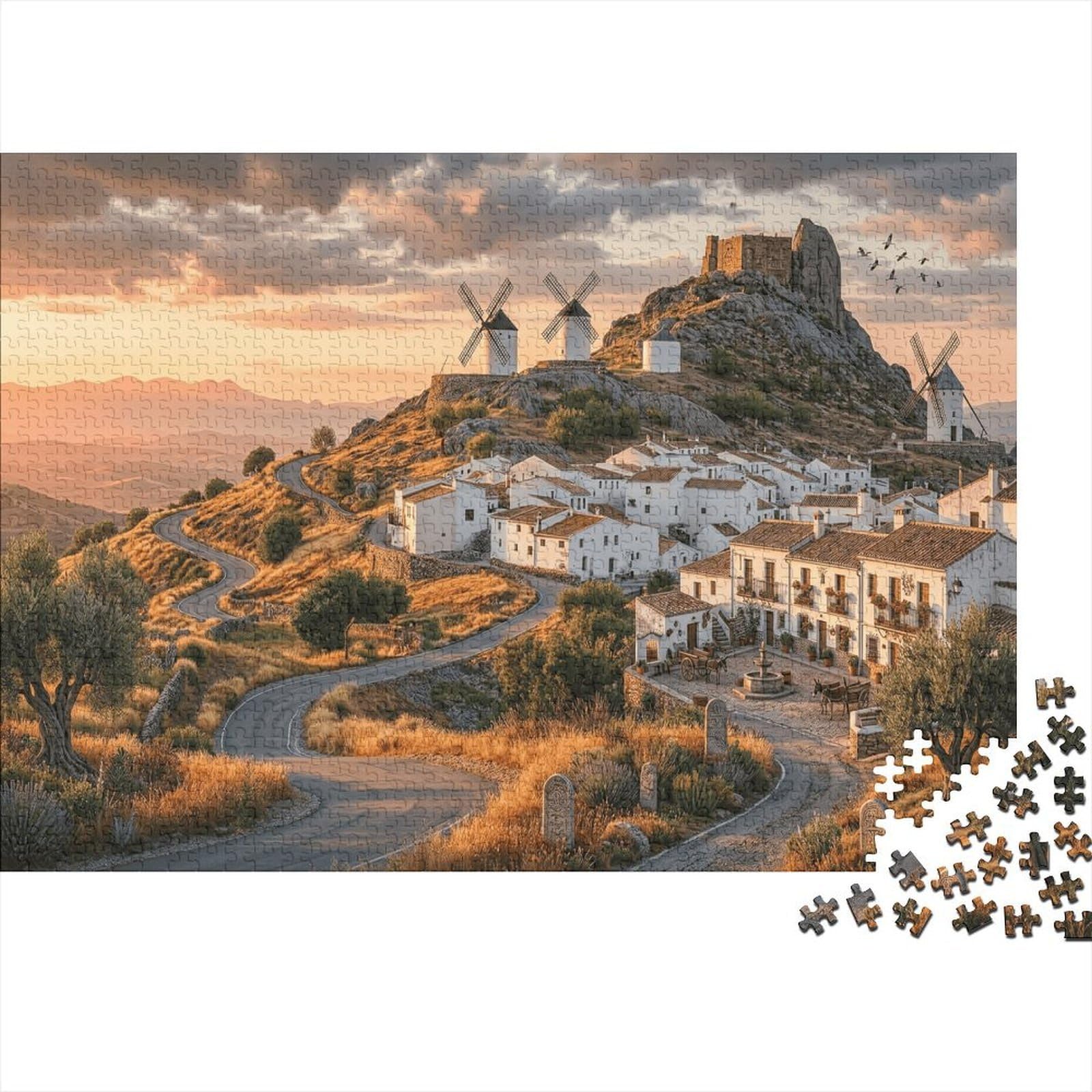 Spanish Windmill Town 1000 Piece Birthday Gift Jigsaw Puzzle Consuegra Concentration Training Mental Relaxation Framed Puzzle Art 70x50cm/1000pcs