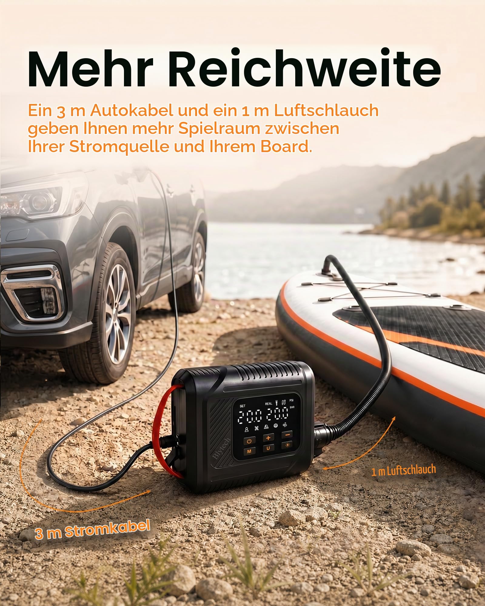 Elektrische SUP Pumpe 20 PSI, mit 12V-DC-Autoanschluss, ohne Akku | Betrieb über 12V-DC-Autosteckdose. Dual-Stage, Aufblasen, Entlüften und Auto-Stopp,für SUP, Kajaks, Zelte & Pools.