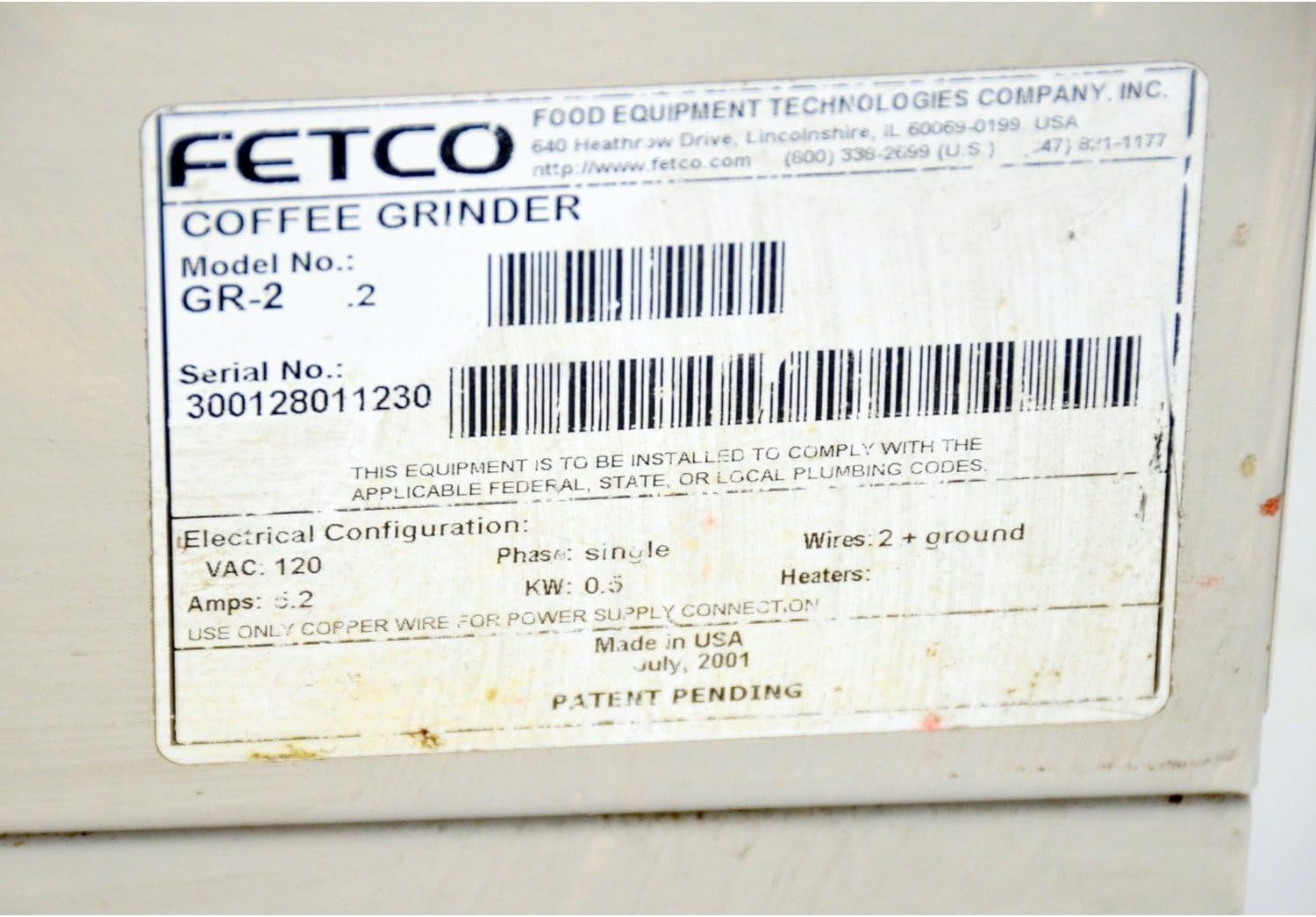 Specification label on Fetco GR-2.2 Coffee Grinder