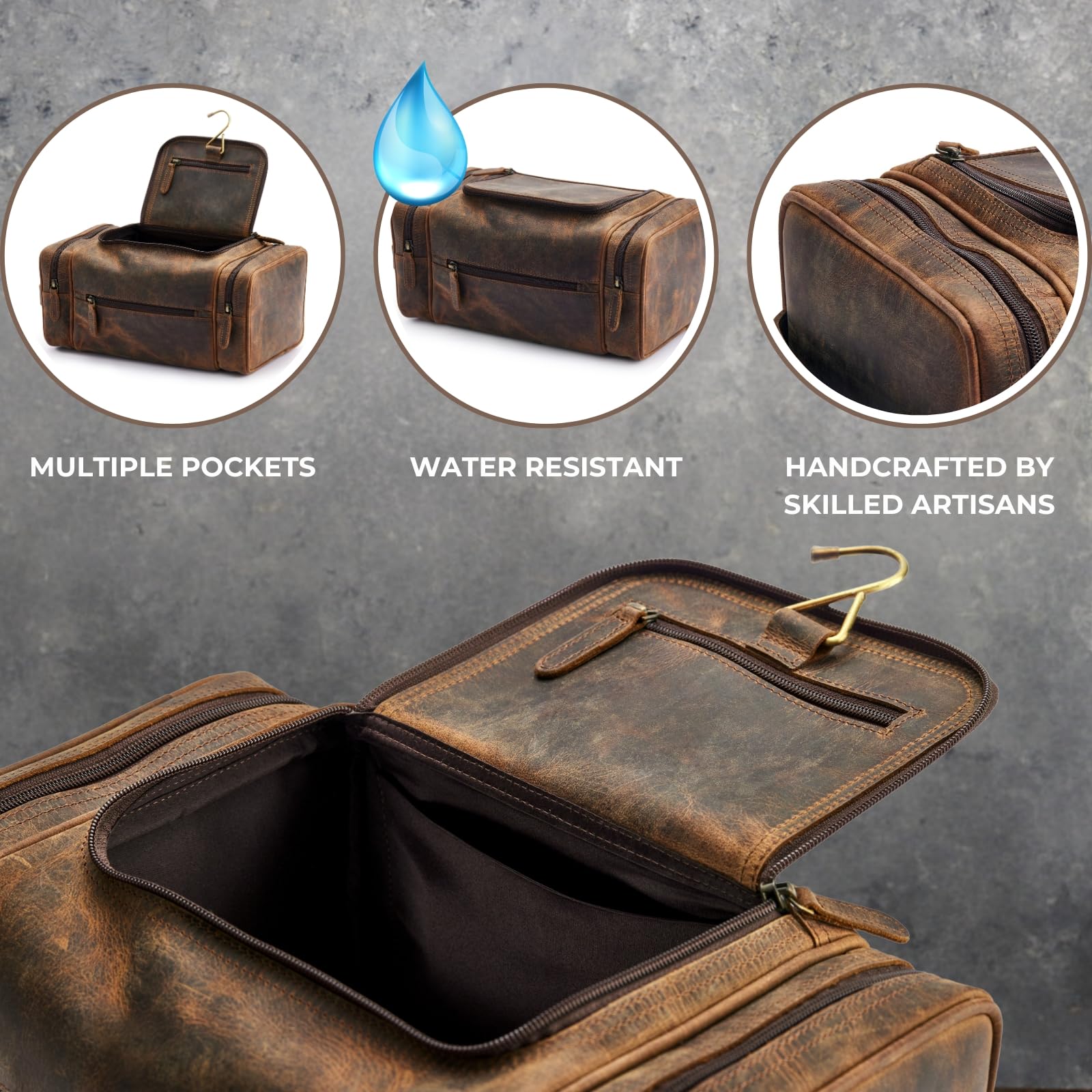 NomadCraftsCo. Neceser de cuero para hombres y mujeres, bolsa de viaje de cuero de primera calidad, kit de viaje para viajes, bolsa, organizador de bolsas grandes para hombre, Marrón vintage, Extra