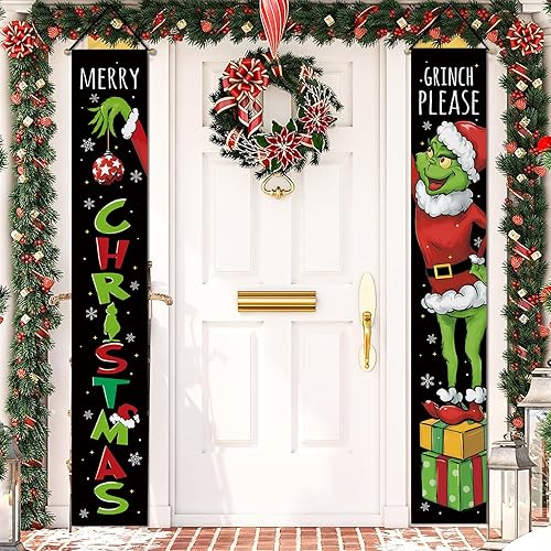 Deroro Cartel de Feliz Navidad para porche, regalos de Navidad, sombrero de Papá Noel, copo de nieve, por favor, puerta delantera, bandera