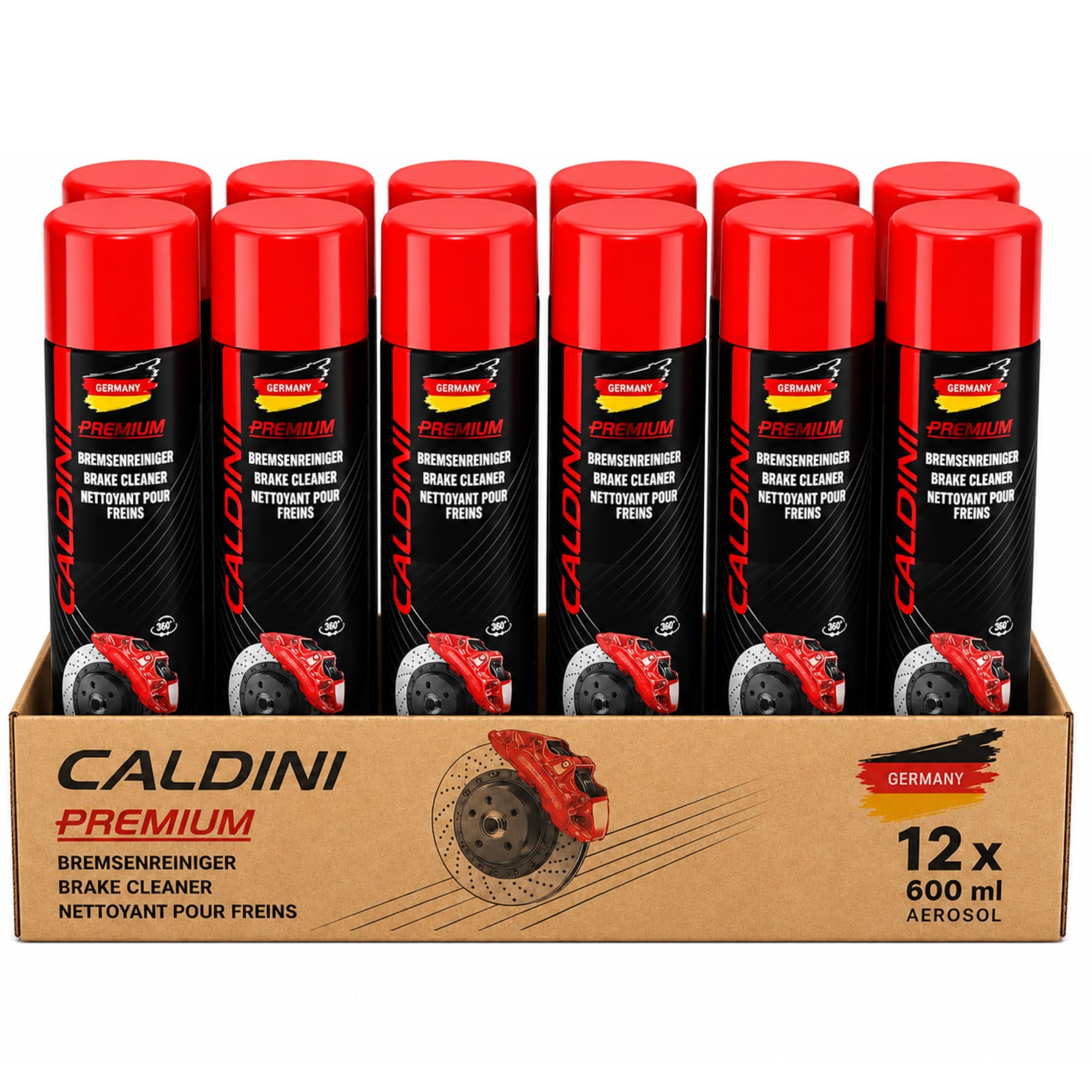 Caldini Bremsenreiniger 12 x 600 ml, acetonfreier Teilereiniger und Entfetter in Spraydose, entfernt Öl, Fett und Schmutz von Bremsen und Kupplungsteilen, Schnell & Rückstandsfrei, Made in Germany