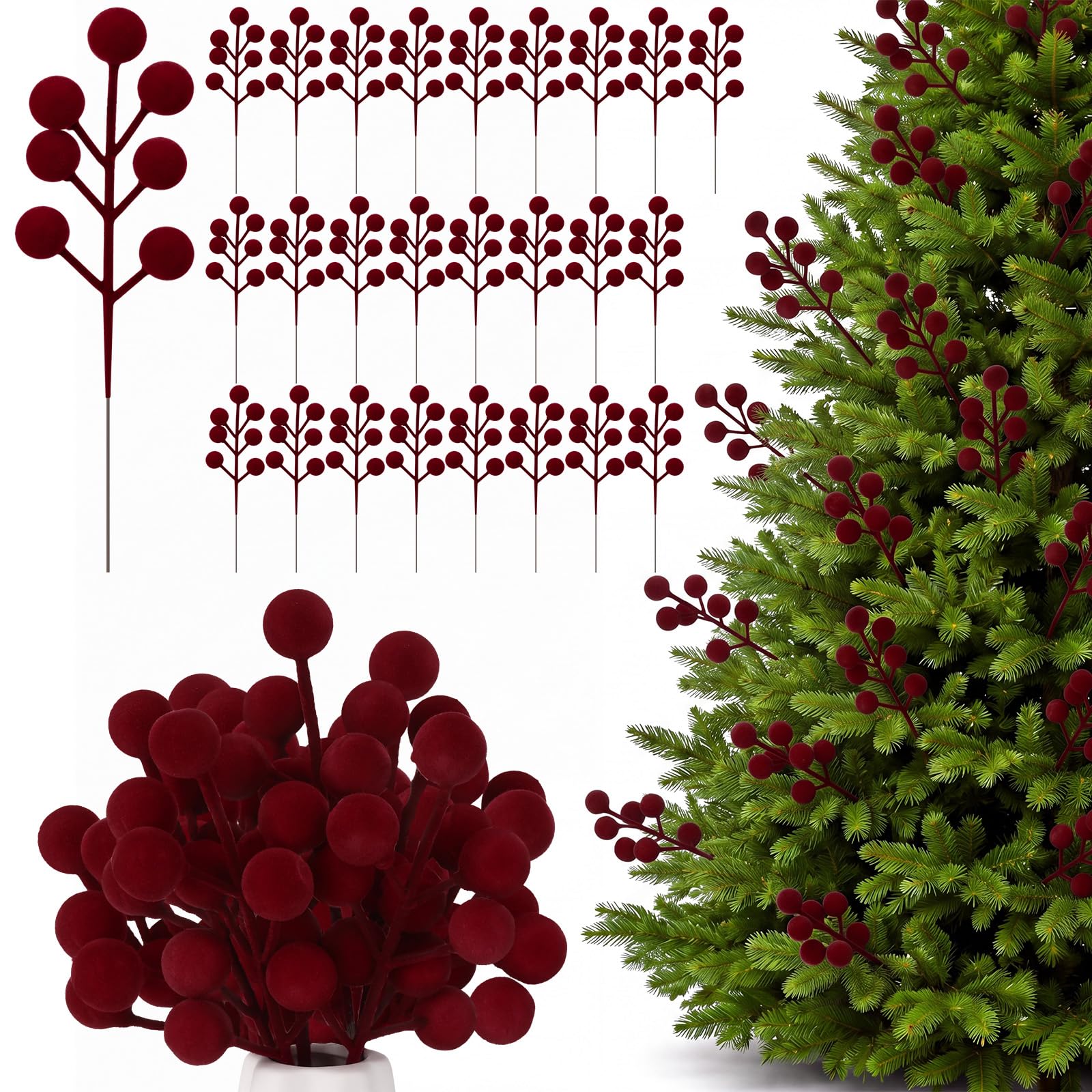 60 Pcs Burgundy 6.5 Inch Christmas Holly Berry Stems