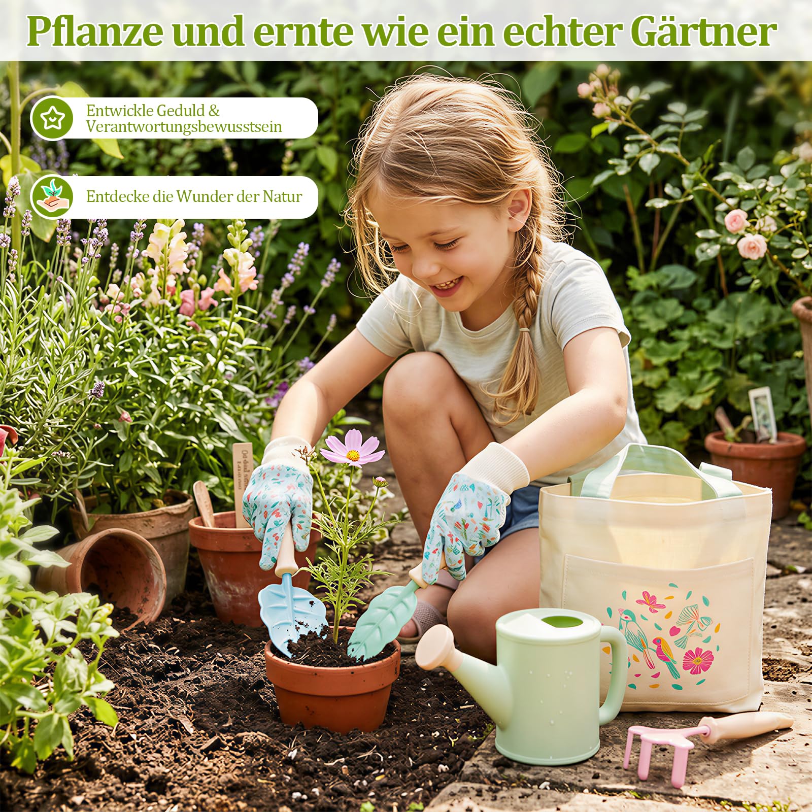FITNATE Kinder Gartenarbeit Set,6 PCS Gartenwerkzeug Kinder Mit 3 Gartengeräte, Gartenhandschuhe & Aufbewahrungstasche, Out/Indoor Spielzeug Geschenk für Jungen Mädchen