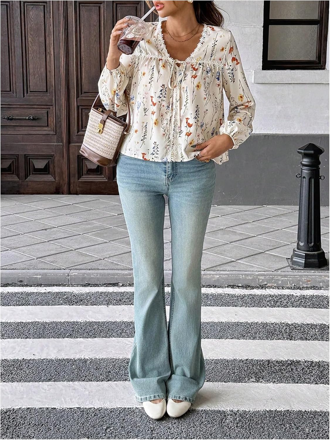 SHENHE Women's Lantern Sleeve Blouse Tie Front V Neck Business Casual Dressy Going Out Top - Image 5