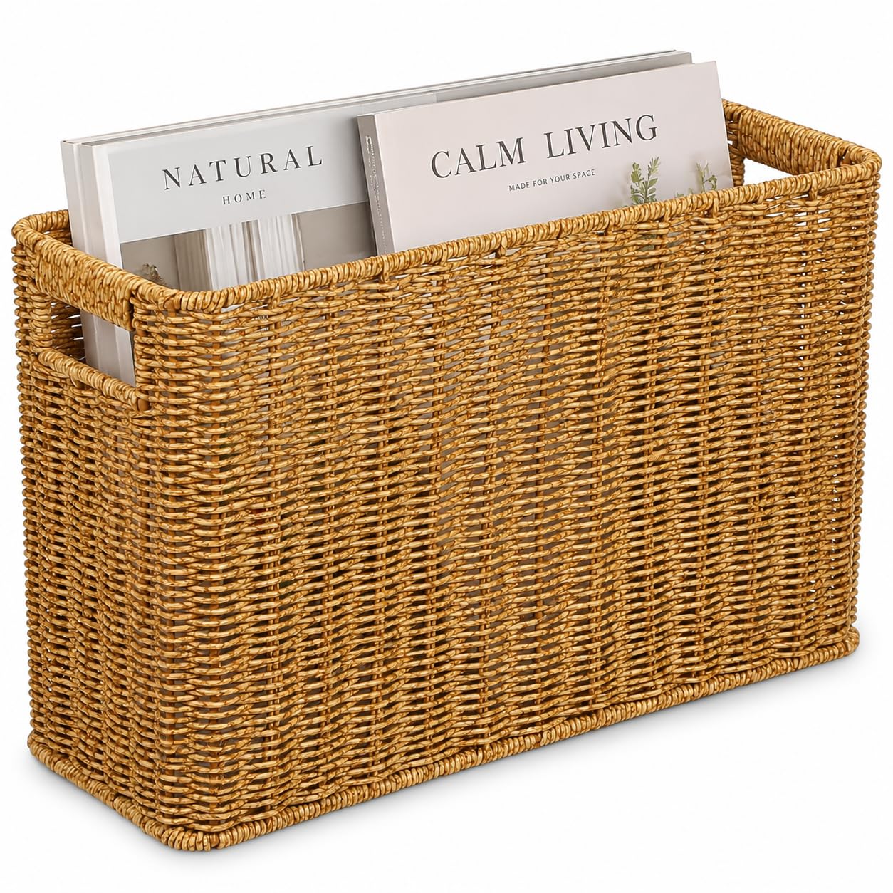 Healeved Panier de rangement tressé style rotin porte-revues avec poignées | Grand panier de rangement aspect rotin naturel pour magazines, livres, collations, cosmétiques et utilisation à domicile