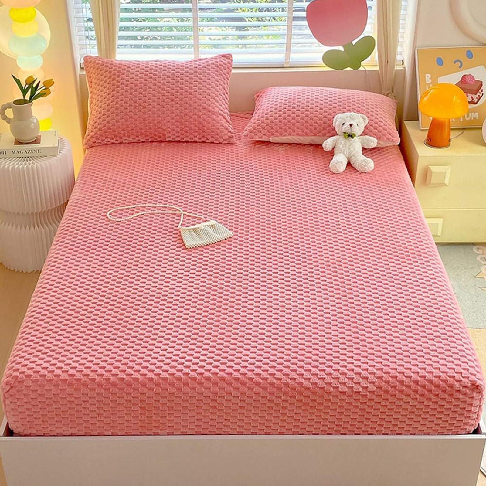 Milk Velvet Checkered Fitted Sheet Mattress Cover, Warm Thicken Mattress Protector Super Soft Bed Cover with Pillowcase Washable 15'' Deep Pocket Mattress Pad,I,King: 180x200cm — image 1