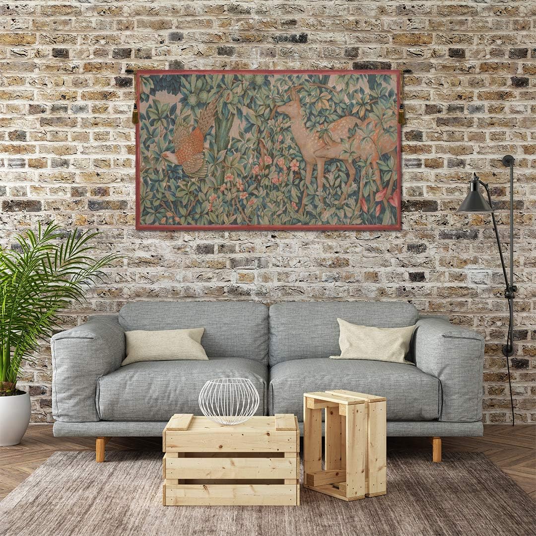 Charlotte Home Furnishings Inc French Boho Tapestry Wall Hanging 29 x 50 in, Pheasant and Doe Aesthetic Woven Wall Art Boho decor for Living Room Home Decor, European Cotton Jacquard Woven