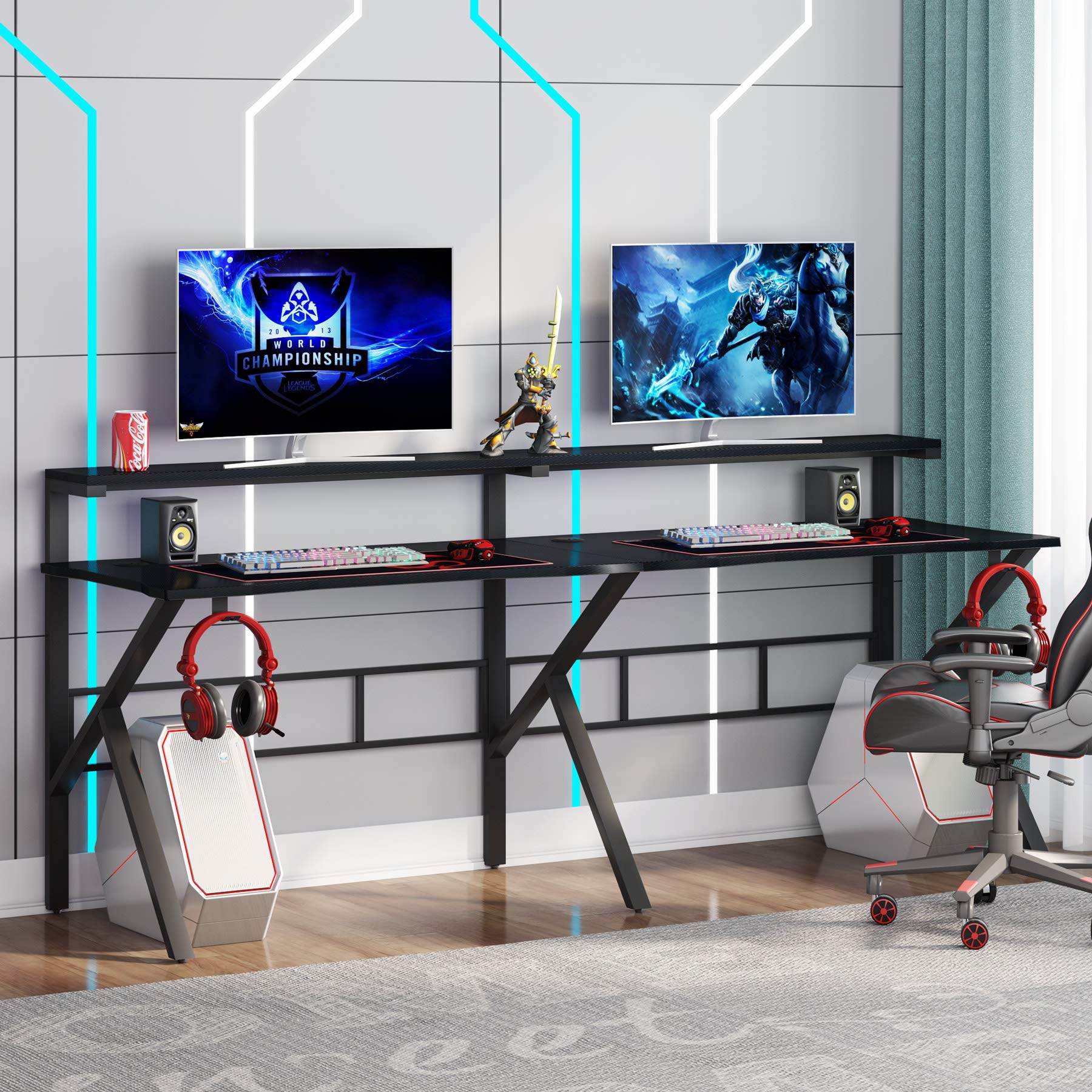 Tribesigns Two Person Gaming Desk with Hutch Monitor Shelf, 78 inches Double Computer Desk with Headphone Hooks, Extra Long K -Shaped Gamer Workstation,
