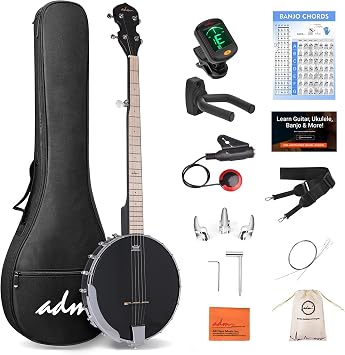 ADM 5 String Banjo Guitar Kit with Remo Drum Head and Geared 5th Tuner, 18 Bracket Beginner Banjoe Set Gift Package with Free Lessons & Starter Accessories for Adult Teens Black-Open Back, 38 Inch