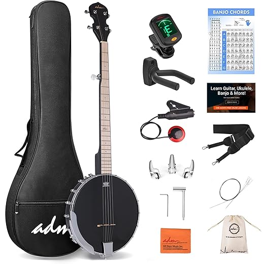 ADM 5 String Banjo Guitar Kit with Remo Drum Head and Geared 5th Tuner, 24 Bracket Beginner Banjoe Set Gift Package with Free Lessons & Starter Accessories for Adult Teens (Black-Open Back, 38 Inch)