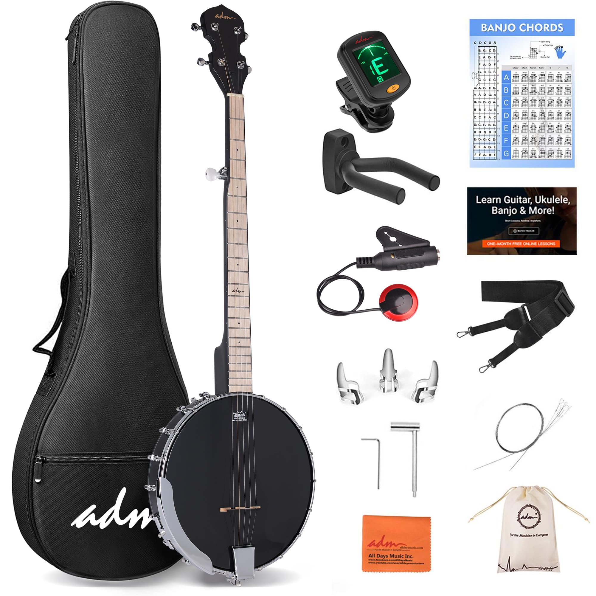 ADM Banjo Open Back 5 String Full Size Clawhammer Banjoe Beginner Kit with Remo Head, Maple Banjo with Geared 5th Tuner, Black