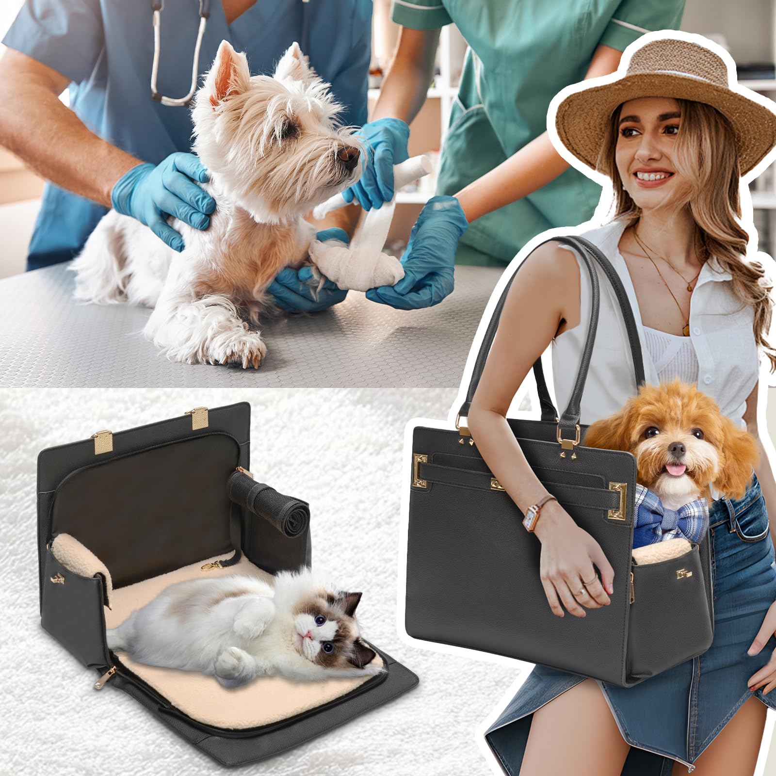 2-in-1 stilvolle Hunde-Geldbörse, weiche Seiten, Reisetasche, Tragetasche für kleine Hunde und Katzen, modische faltbare Haustiertasche für Welpen, kleine Tiere mit Taschen (schwarz, 38,1 cm L x 19,1