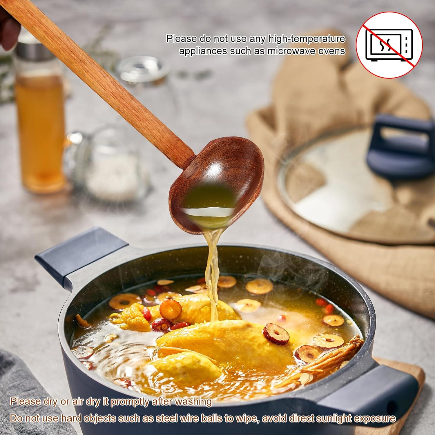 10 Pcs Wood Soup Spoon with Long Handle Japanese Soup Spoon Wooden Ramen Spoons Large Hot Pot Ladle Long Handle Tortoise Shell Spoon for Eating Mixing Stirring Cooking