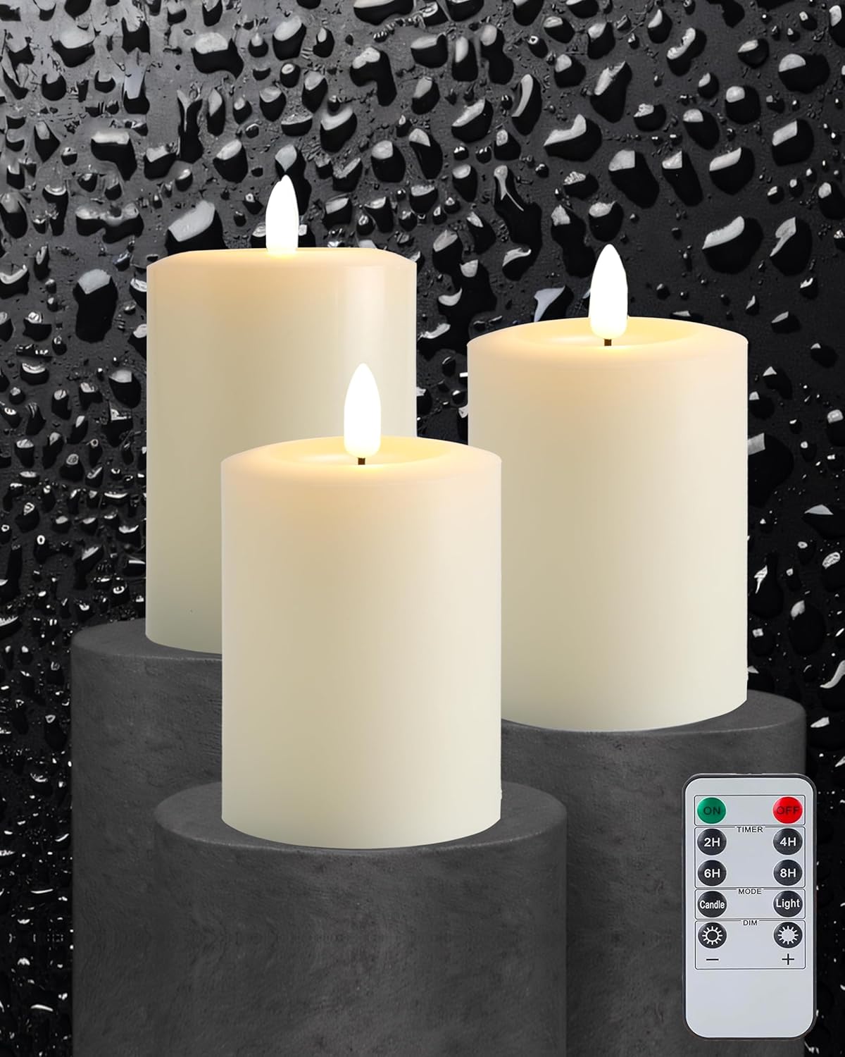 Gmnee 3"x4" Flickering Flameless Candles with Remote Timer, Real Wax, Ivory Pillar Candles, Set of 3 Fake LED Battery Operated Candles for Home, Fireplace, Centerpiece, Rustic and Farmhouse Decor