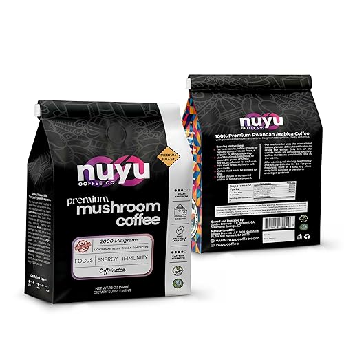 Miniatura 7 de Nuyu Café de hongos de tostado medio, 12 onzas, molido 100% arábica ruandesa, 2000 mg hongos funcionales, melena de león, Reishi, Chaga, Cordyceps