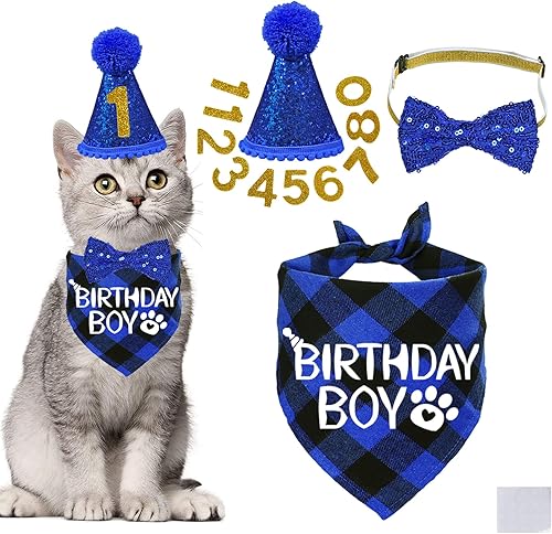 STMK Suministros para fiesta de cumpleaños de gato, sombrero de cumpleaños de gato con bandana de cumpleaños de gato, corbatín, collar de STMK Suministros para fiesta de cumpleaños de gato, sombrero de cumpleaños de gato con bandana de cumpleaños de gato, corbatín, collar de