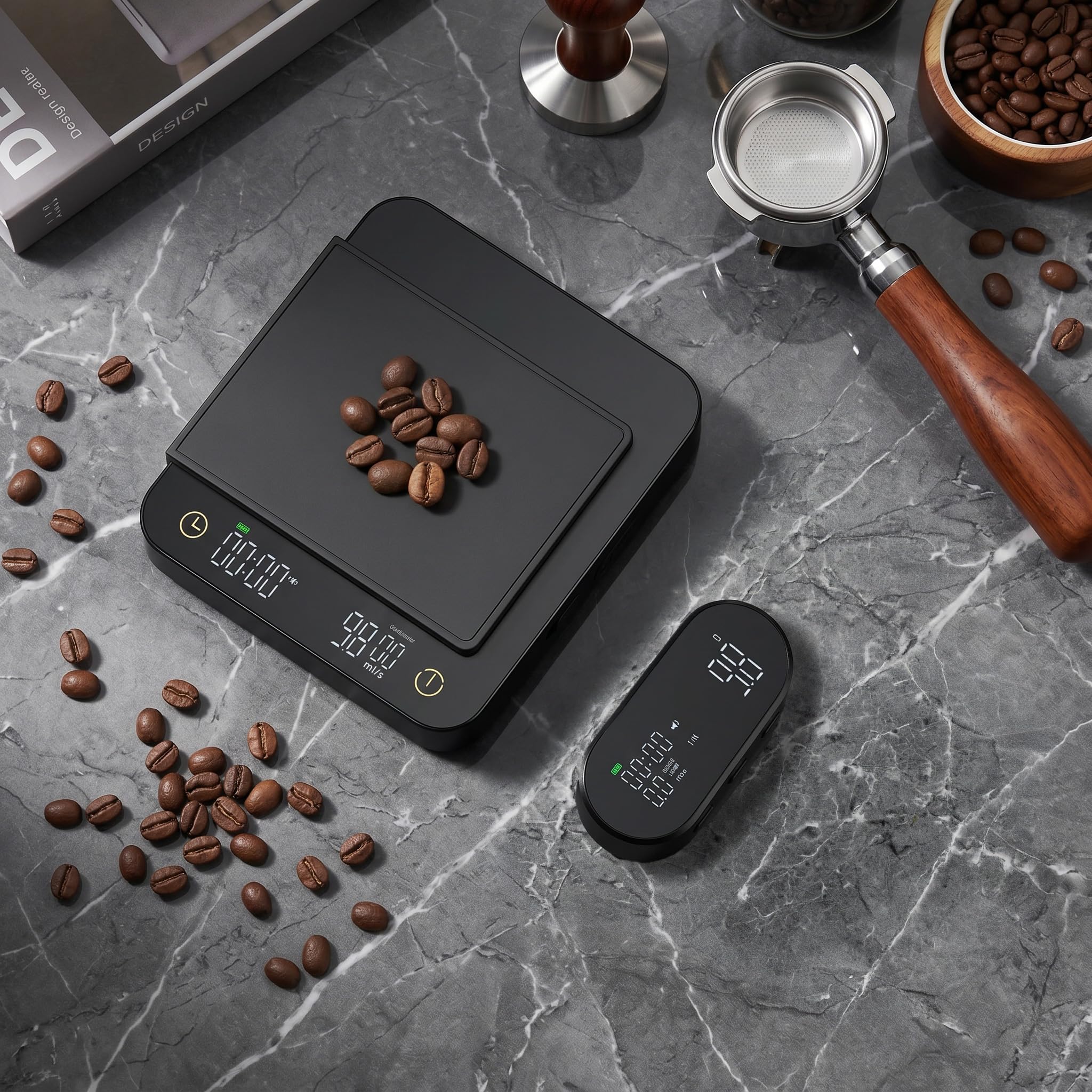 Premium Kaffeewaage mit Funk-Display & Timer – Espresso Waage 0,1g / 3kg mit Flussraten-Anzeige, 5 Modi für Siebträger & Filterkaffee Pour-Over, Digitale Küchenwaage Automatischer Zeitmessung