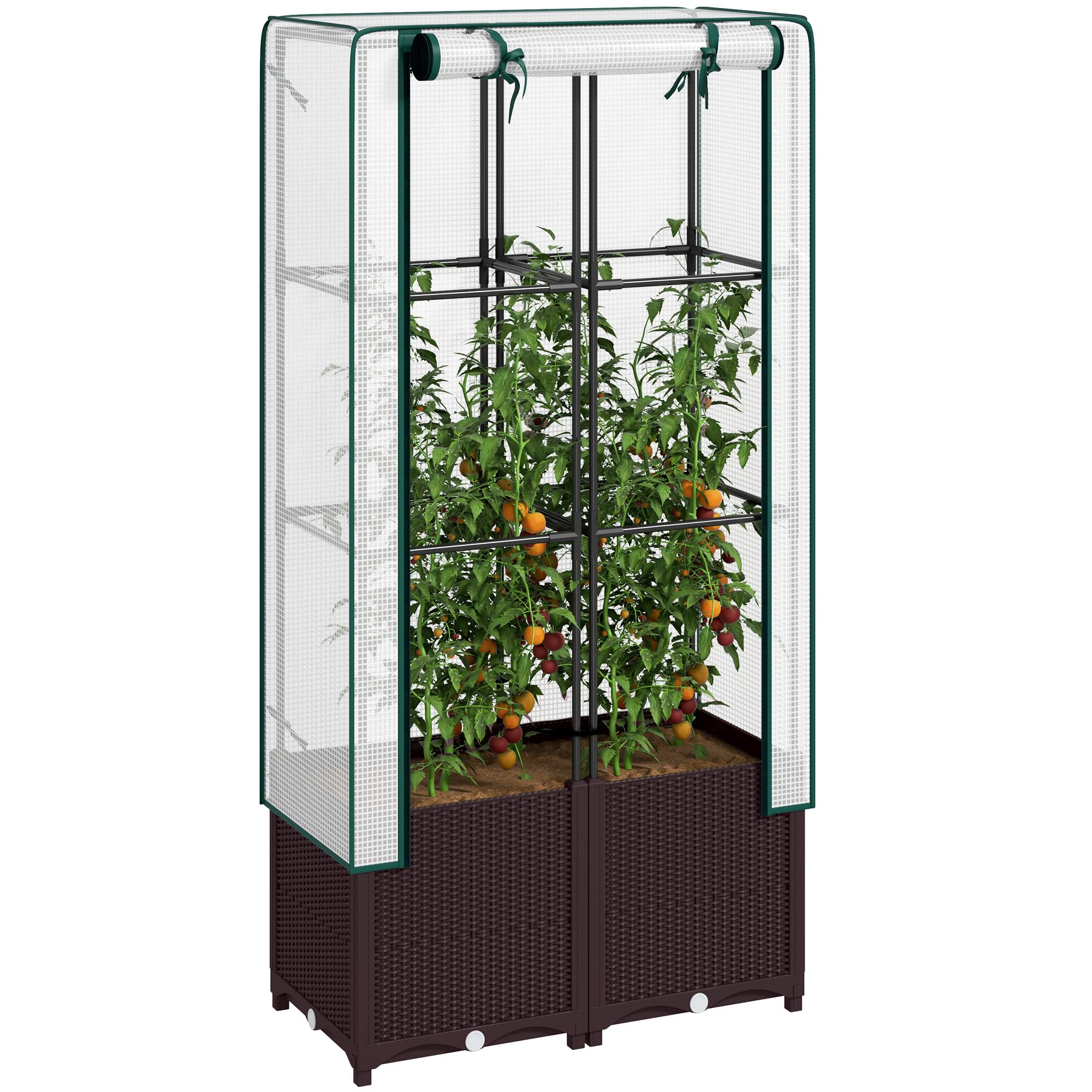 Outsunny Jardinière surélevée avec treillis, jardinière en plastique avec couvercle en polyéthylène, trous de drainage, bouchons de vidange et réservoirs d'eau pour plantes grimpantes, légumes, fleurs