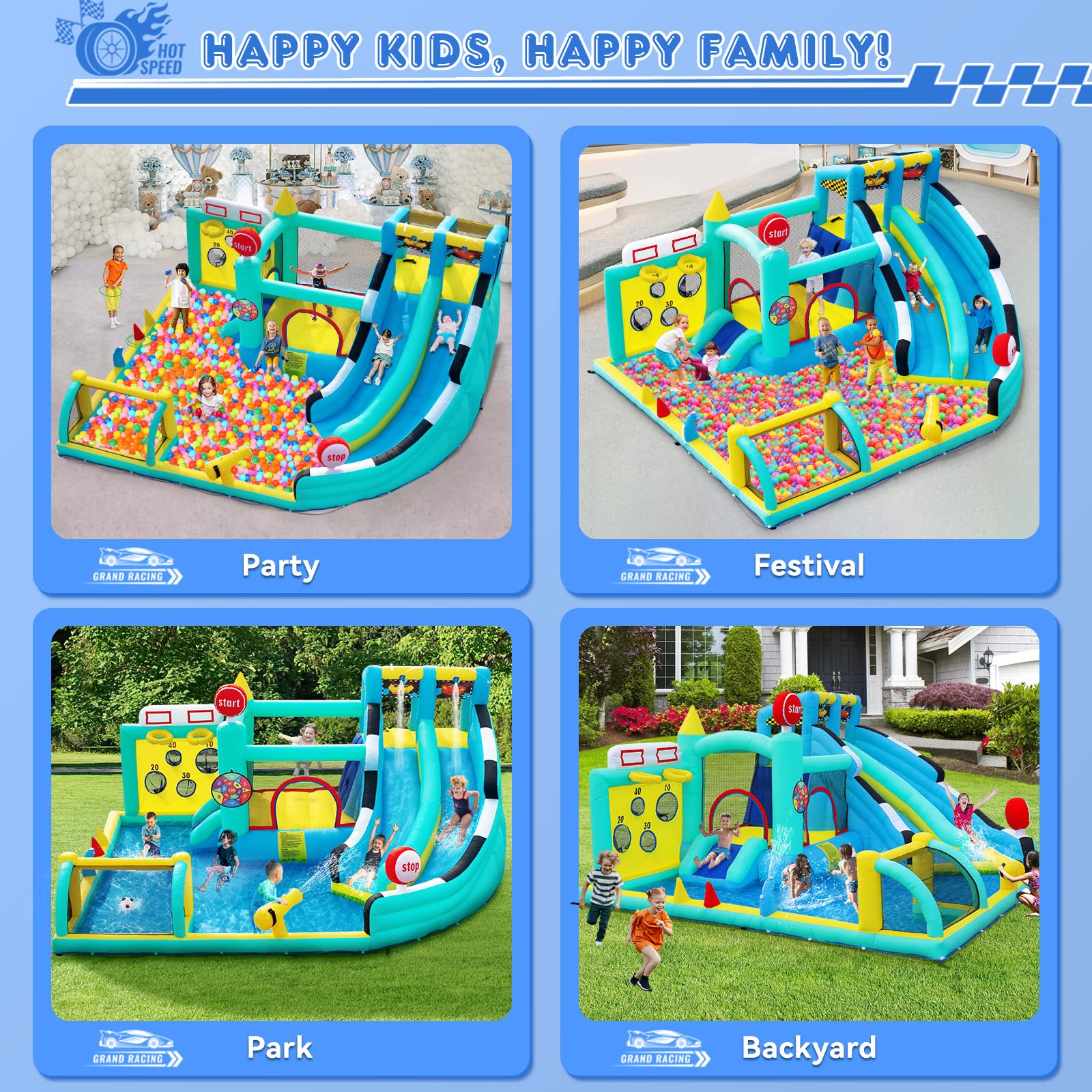 Castillo Hinchable Grande con Tobogán de Agua y Soplador, para Niños con Trampolín, Rocódromos, Baloncesto, Piscina, Peso 225 kg, para 4 Niños de 3 a 10 Años, 470×400×220 cm