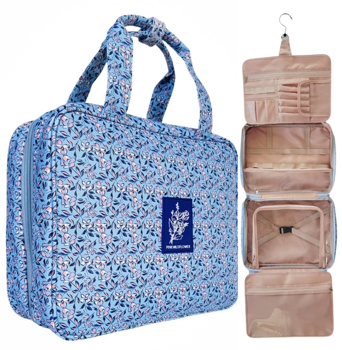 PinkWildflower Toiletry Bag Travel Bag with Hanging Metal Hook, Water