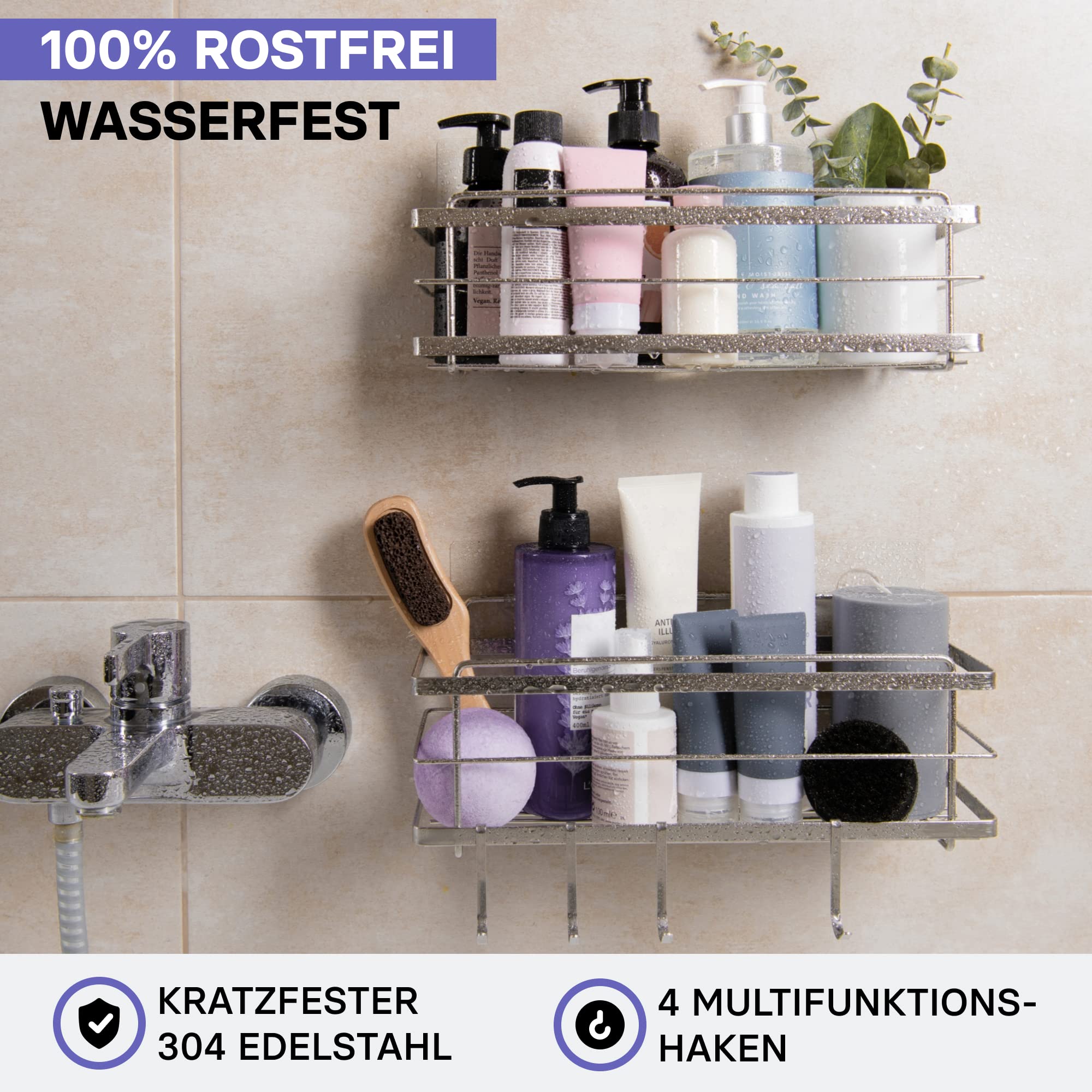 KINCMAX 2X Duschablage ohne Bohren - Edelstahl Badezimmer Organizer - Duschregal ohne Bohren - Badaccessoires - Duschkorb selbstklebend mit Haken - Shower Shelf - Silber