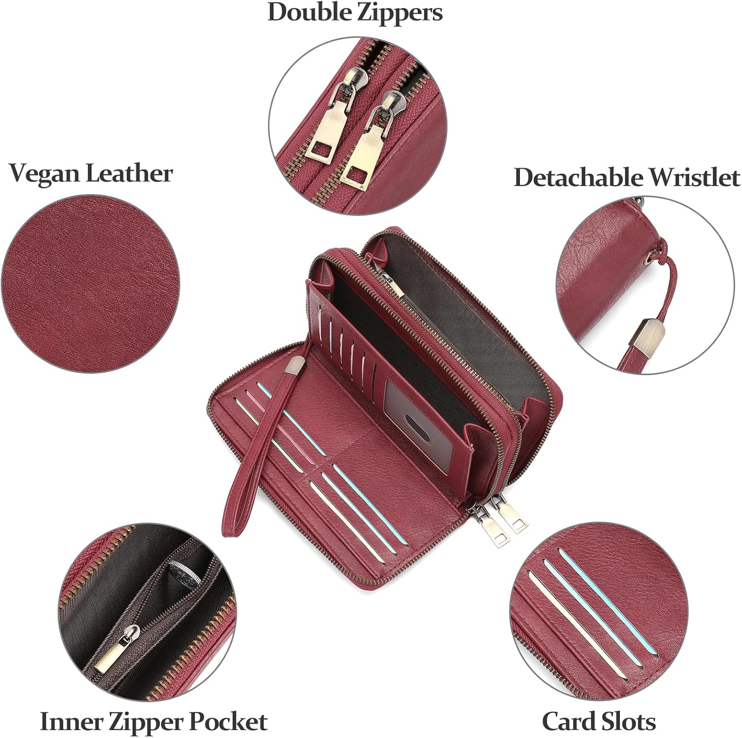 GOIACII Wallets for Women RFID Blocking Double Zip Around Leather Wallet Wristlet Large Capacity Credit Card Holder Red